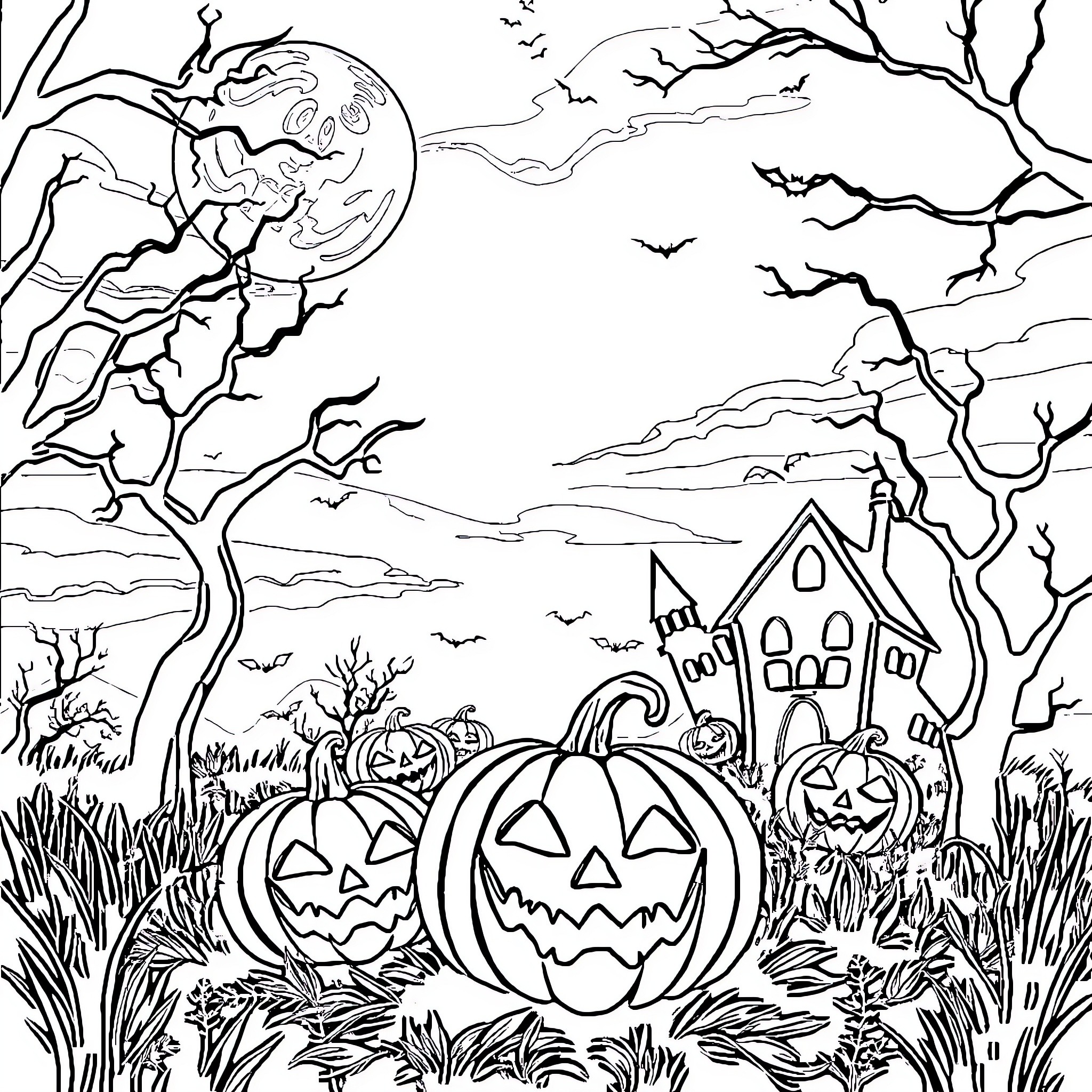 Halloween Pumpkins and Haunted House in Spooky Landscape Coloring Page (free black-and-white line drawing printable PDF for all, from beginners to advanced learners, including children, teens, adults, and seniors)