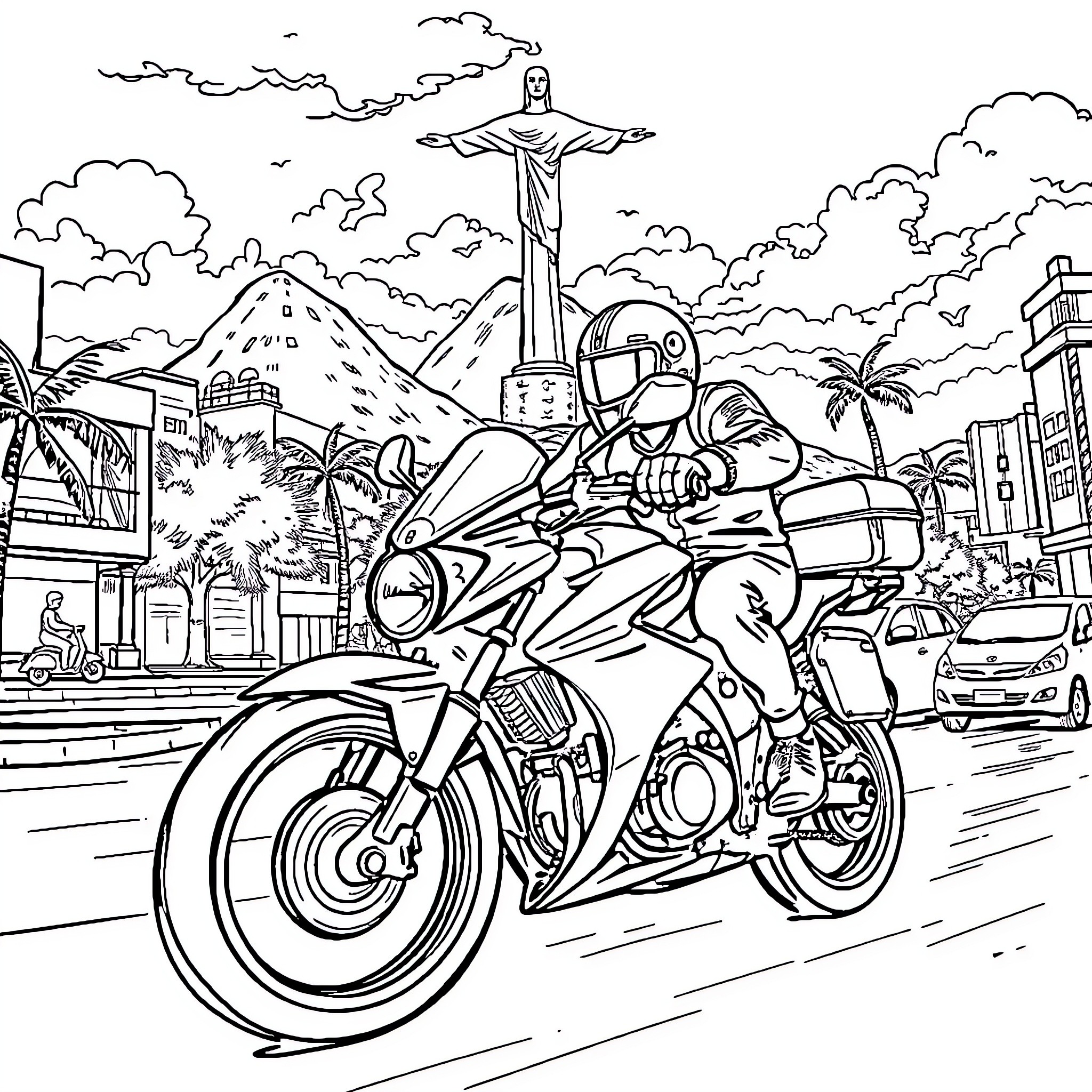 Motorcyclist riding through a vibrant city landscape Coloring Page (free black-and-white line drawing printable PDF for all, from beginners to advanced learners, including children, teens, adults, and seniors)