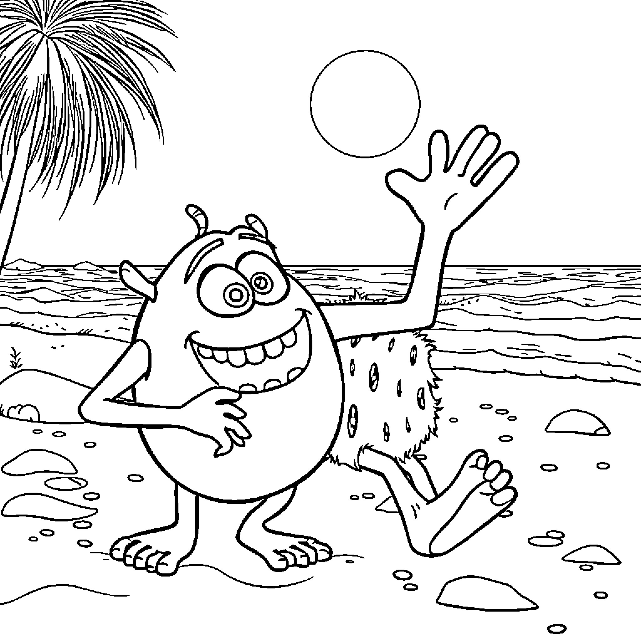 Mike and Sullivan enjoying a day at the beach Coloring Page (free black-and-white line drawing printable PDF for all, from beginners to advanced learners, including children, teens, adults, and seniors)