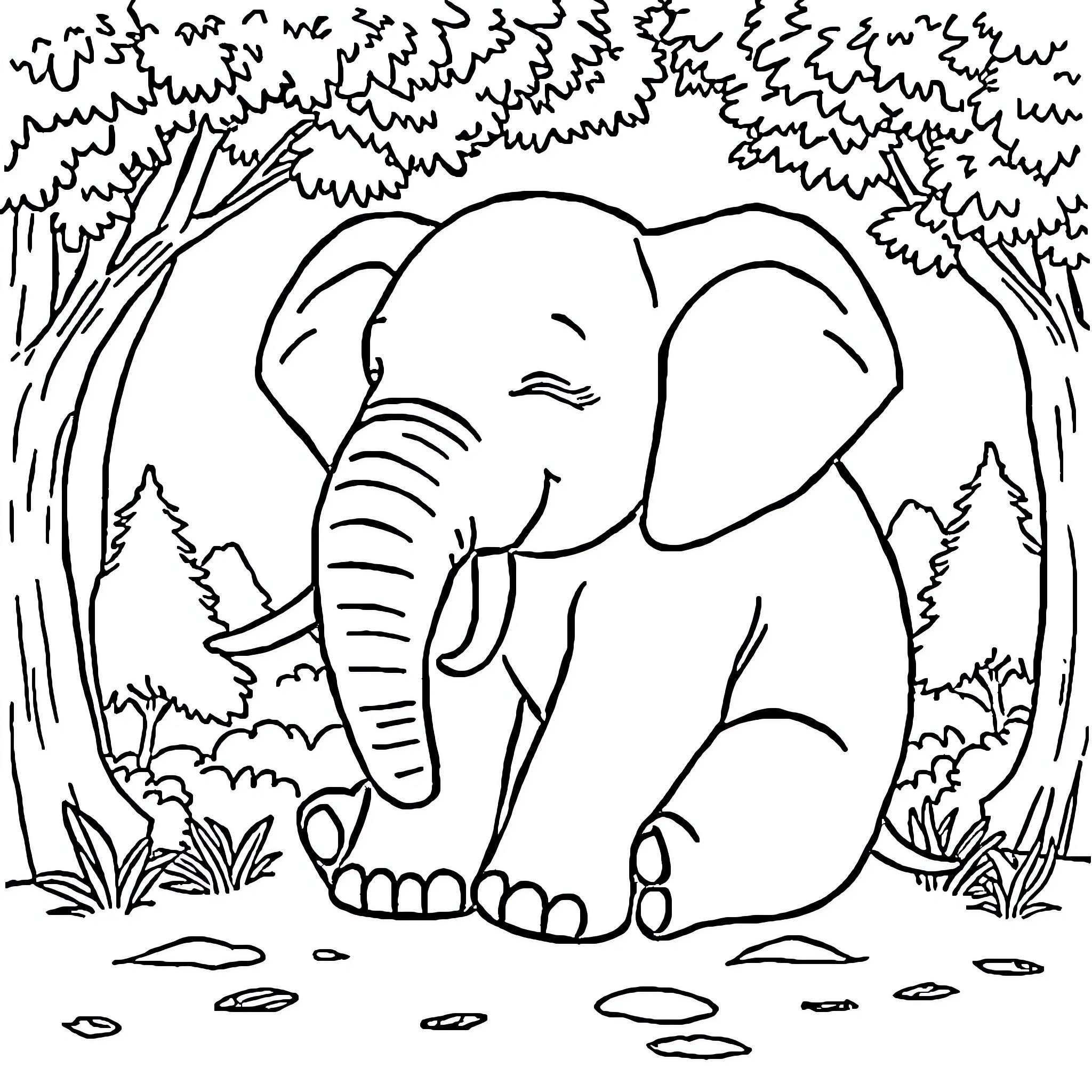 Elephant peacefully relaxing in the forest Coloring Page (free black-and-white line drawing printable PDF for all, from beginners to advanced learners, including children, teens, adults, and seniors)
