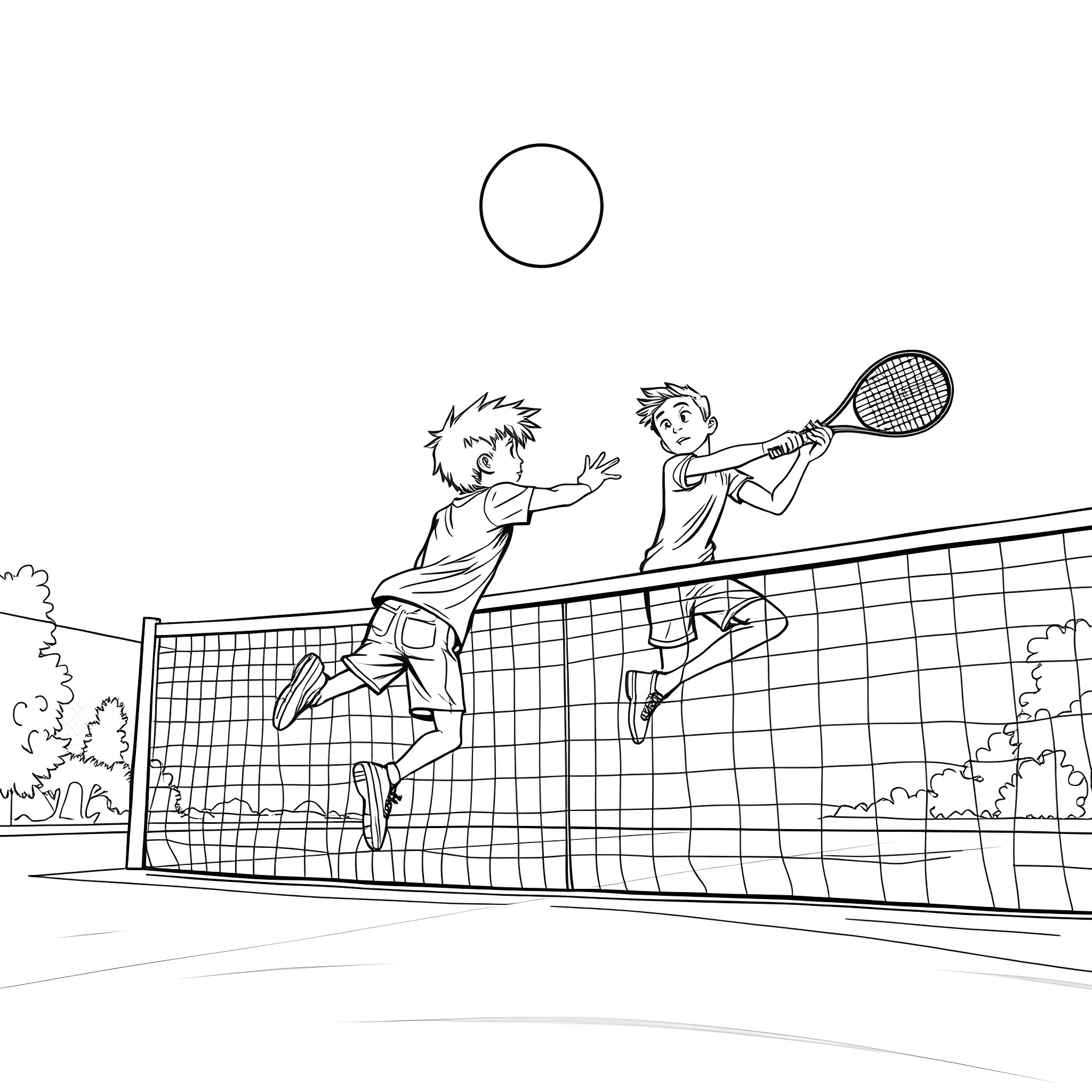 Teen Boys Playing Energetic Tennis Match Coloring Page (free black-and-white line drawing printable PDF for all, from beginners to advanced learners, including children, teens, adults, and seniors)