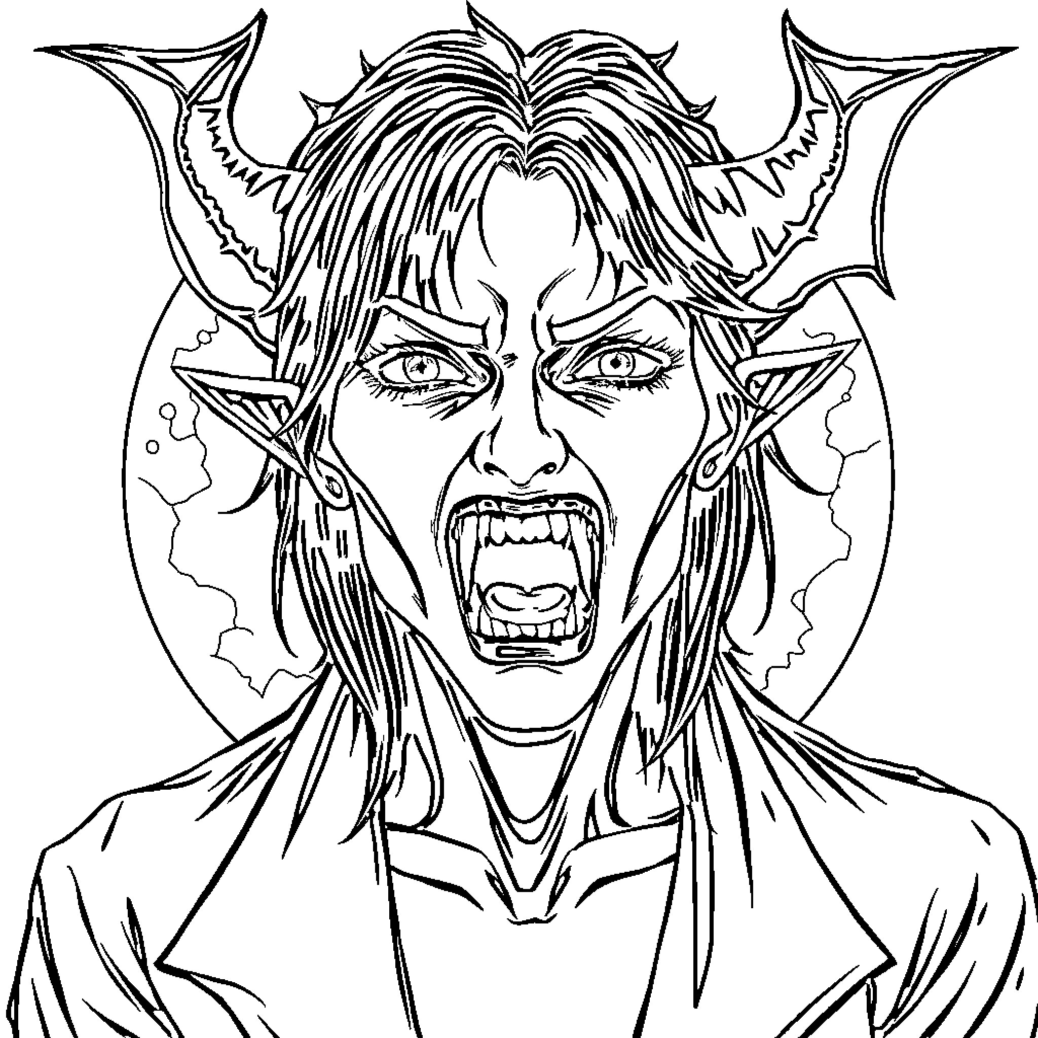 Vampire demon with intense expression and sharp fangs Coloring Page (free black-and-white line drawing printable PDF for all, from beginners to advanced learners, including children, teens, adults, and seniors)