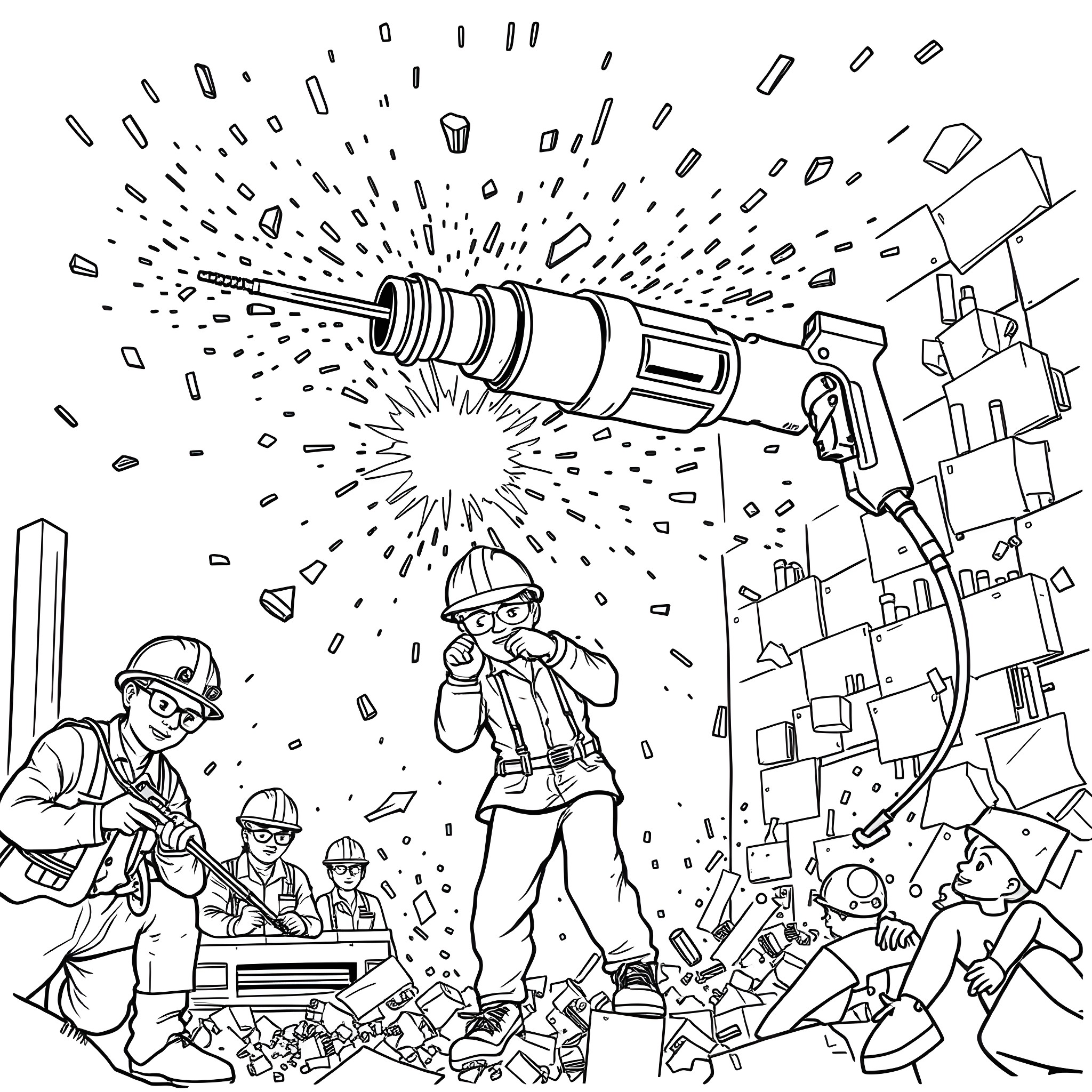 Jackhammer Chaos: Construction Workers Braving the Storm Coloring Page (free black-and-white line drawing printable PDF for all, from beginners to advanced learners, including children, teens, adults, and seniors)