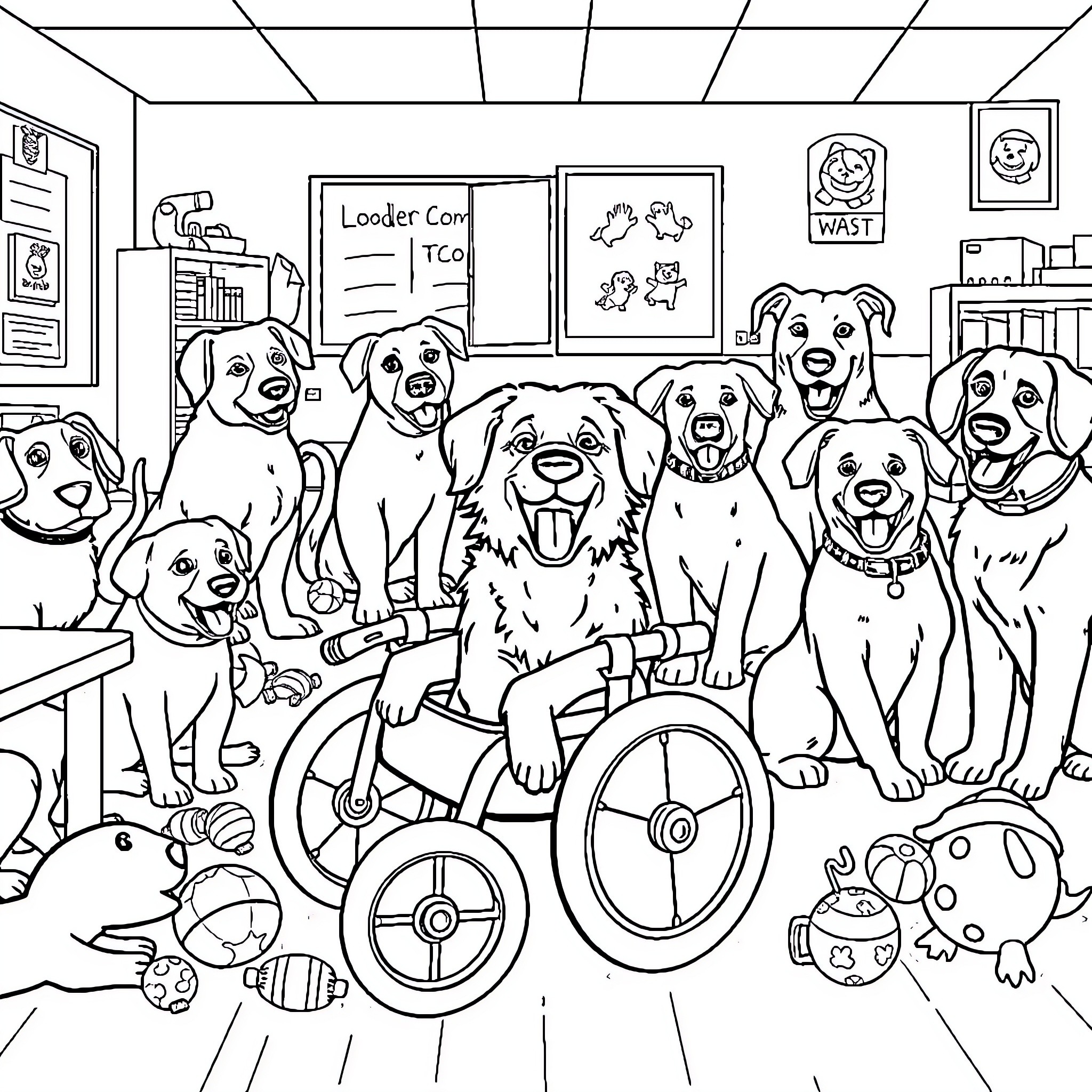 Dogs Playing Happily in Animal Clinic Coloring Page (free black-and-white line drawing printable PDF for all, from beginners to advanced learners, including children, teens, adults, and seniors)