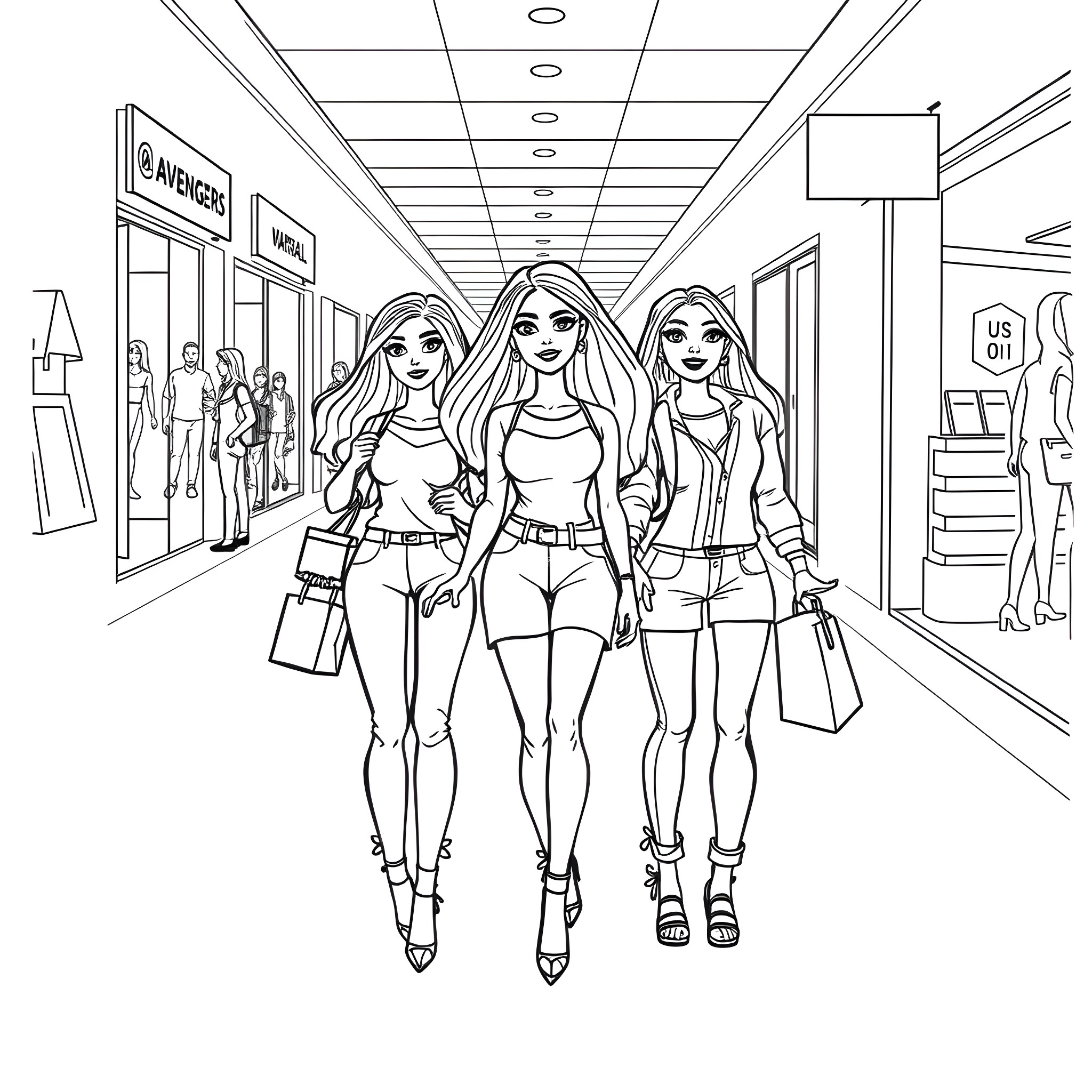 Barbie and friends explore the shopping mall Coloring Page (free black-and-white line drawing printable PDF for all, from beginners to advanced learners, including children, teens, adults, and seniors)