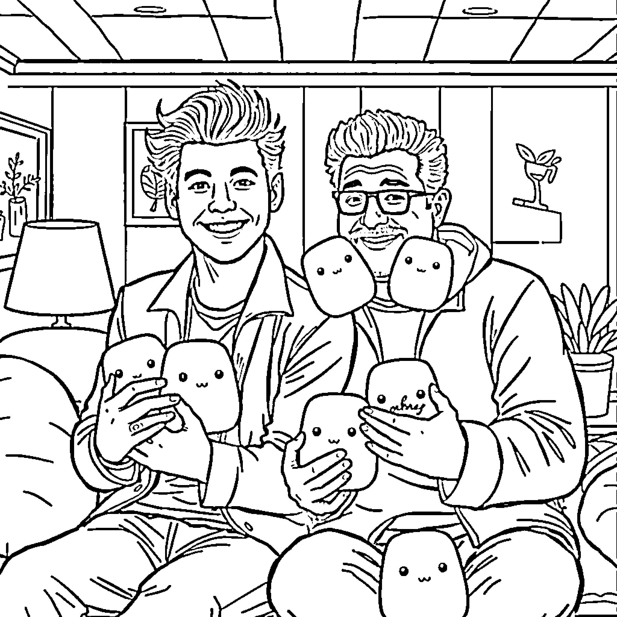 Harry Styles posing with cute plush toys in a cozy home setting Coloring Page (free black-and-white line drawing printable PDF for all, from beginners to advanced learners, including children, teens, adults, and seniors)