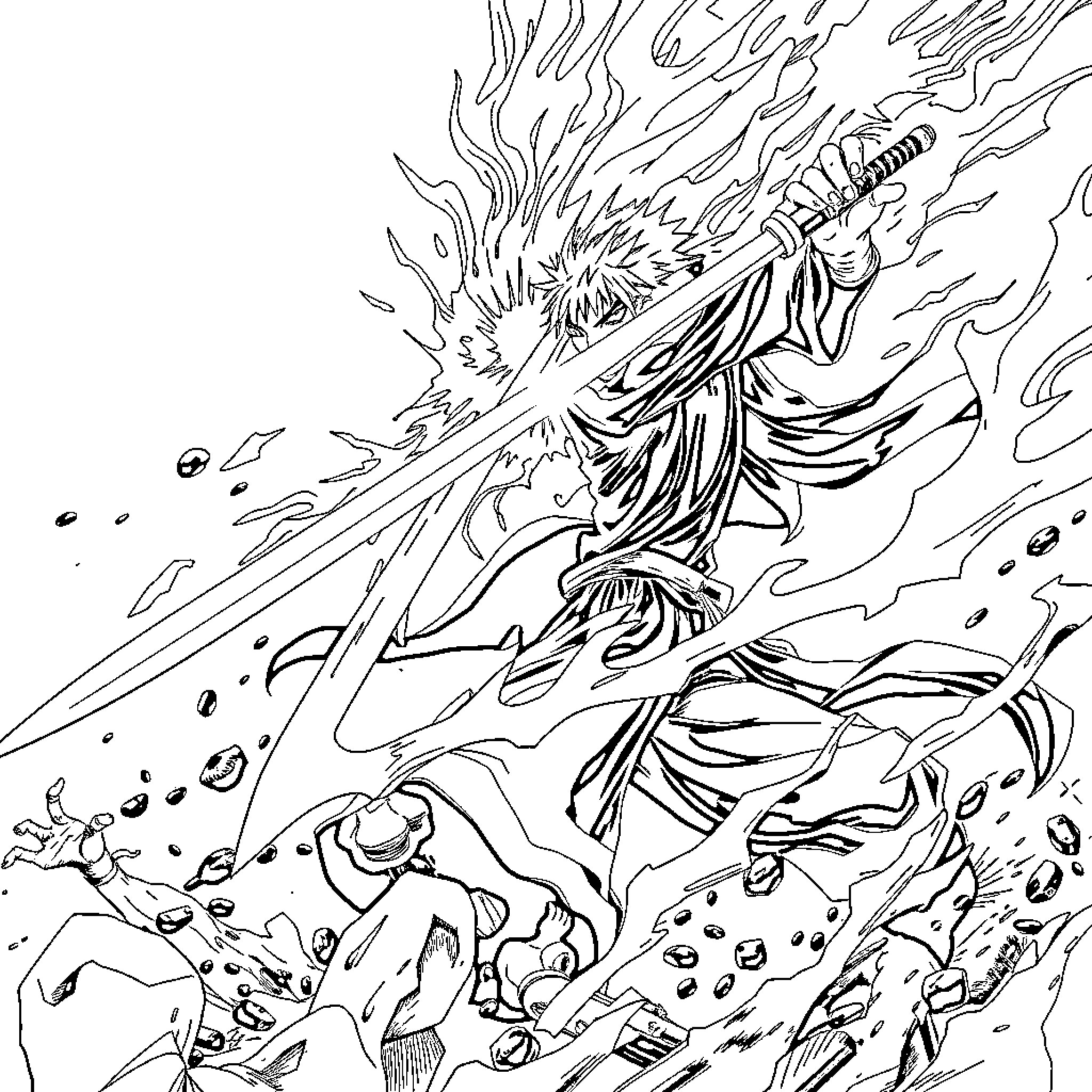Ichigo's Explosive Clash in the Fierce Struggle Coloring Page (free black-and-white line drawing printable PDF for all, from beginners to advanced learners, including children, teens, adults, and seniors)