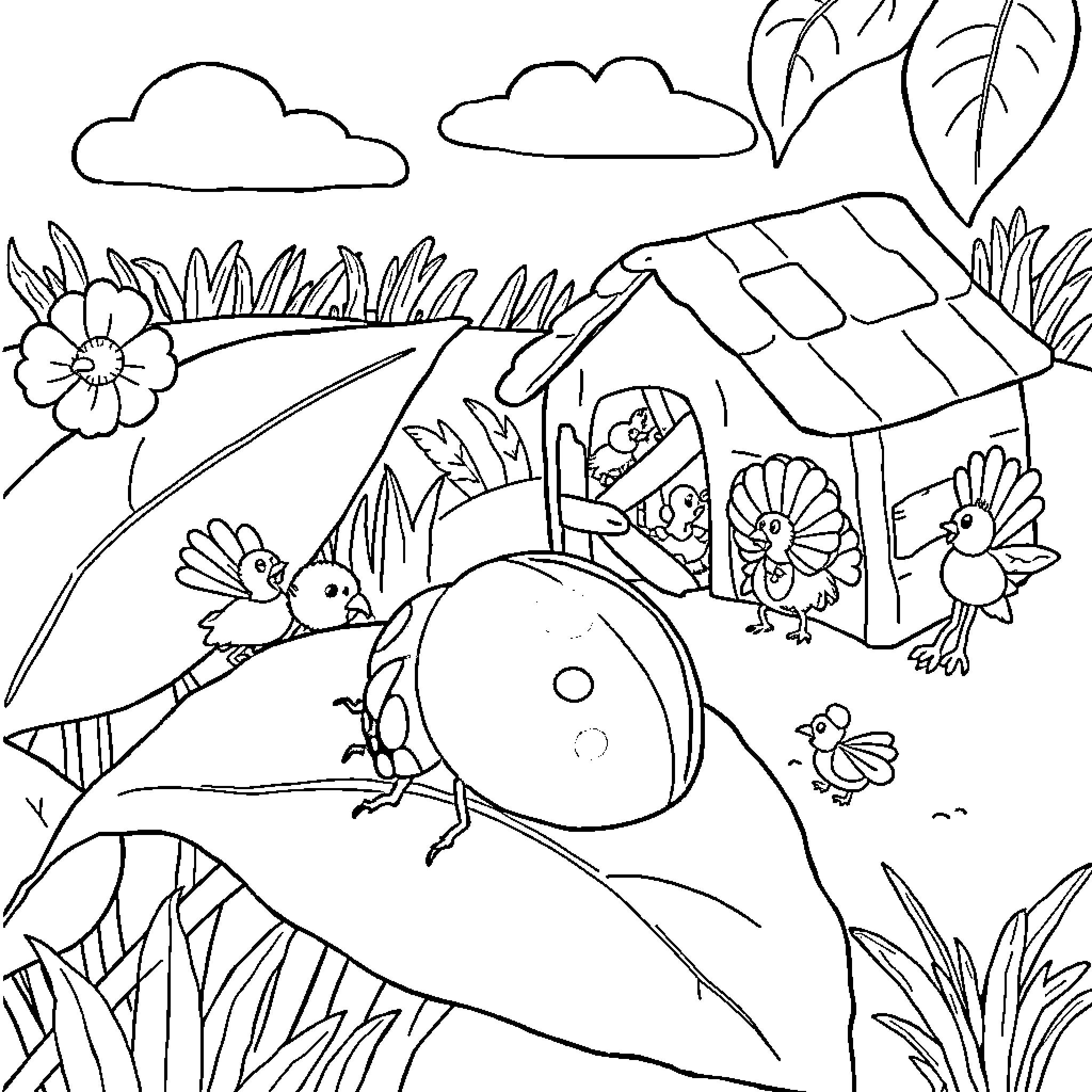 Ladybug exploring the countryside scene Coloring Page (free black-and-white line drawing printable PDF for all, from beginners to advanced learners, including children, teens, adults, and seniors)