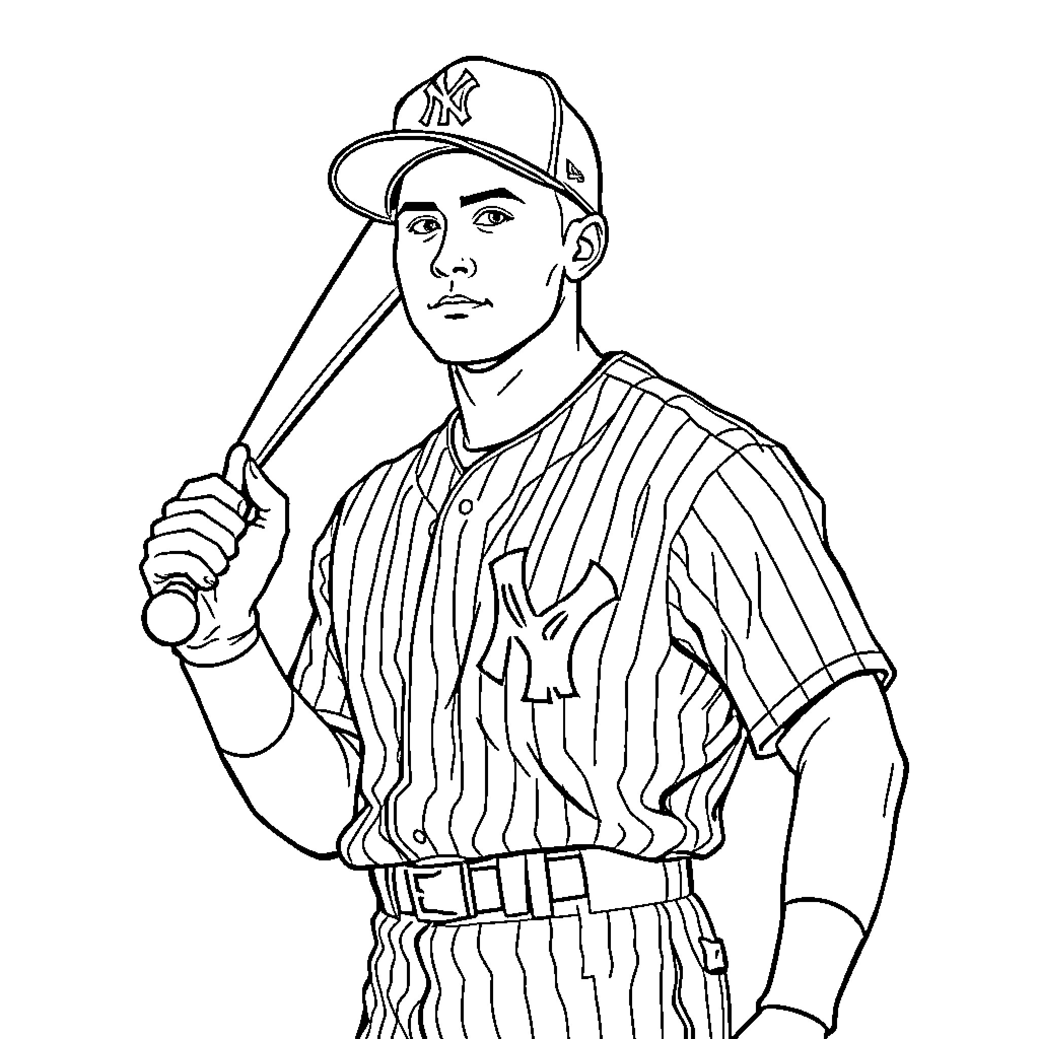 Yankees Player in Baseball Uniform Holding Bat Coloring Page (free black-and-white line drawing printable PDF for all, from beginners to advanced learners, including children, teens, adults, and seniors)