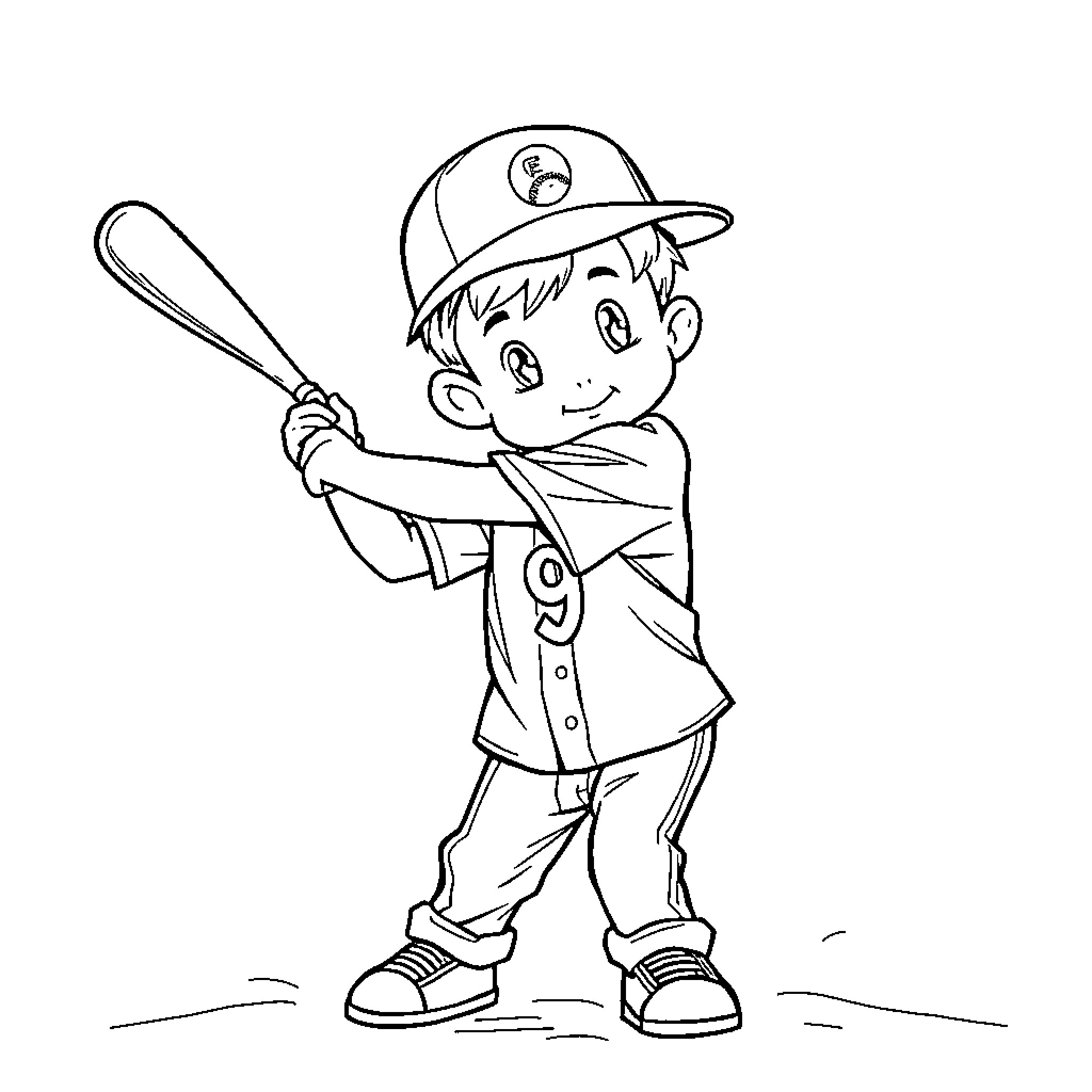 Boy playing baseball with enthusiasm Coloring Page (free black-and-white line drawing printable PDF for all, from beginners to advanced learners, including children, teens, adults, and seniors)