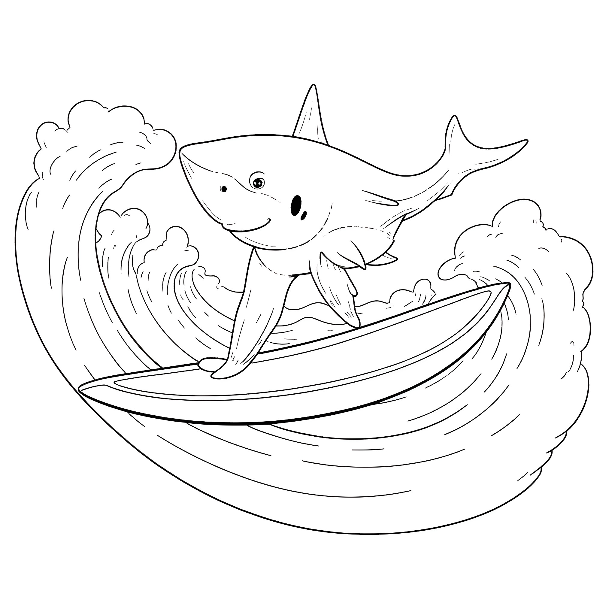 Shark surfing on a wave Coloring Page (free black-and-white line drawing printable PDF for all, from beginners to advanced learners, including children, teens, adults, and seniors)