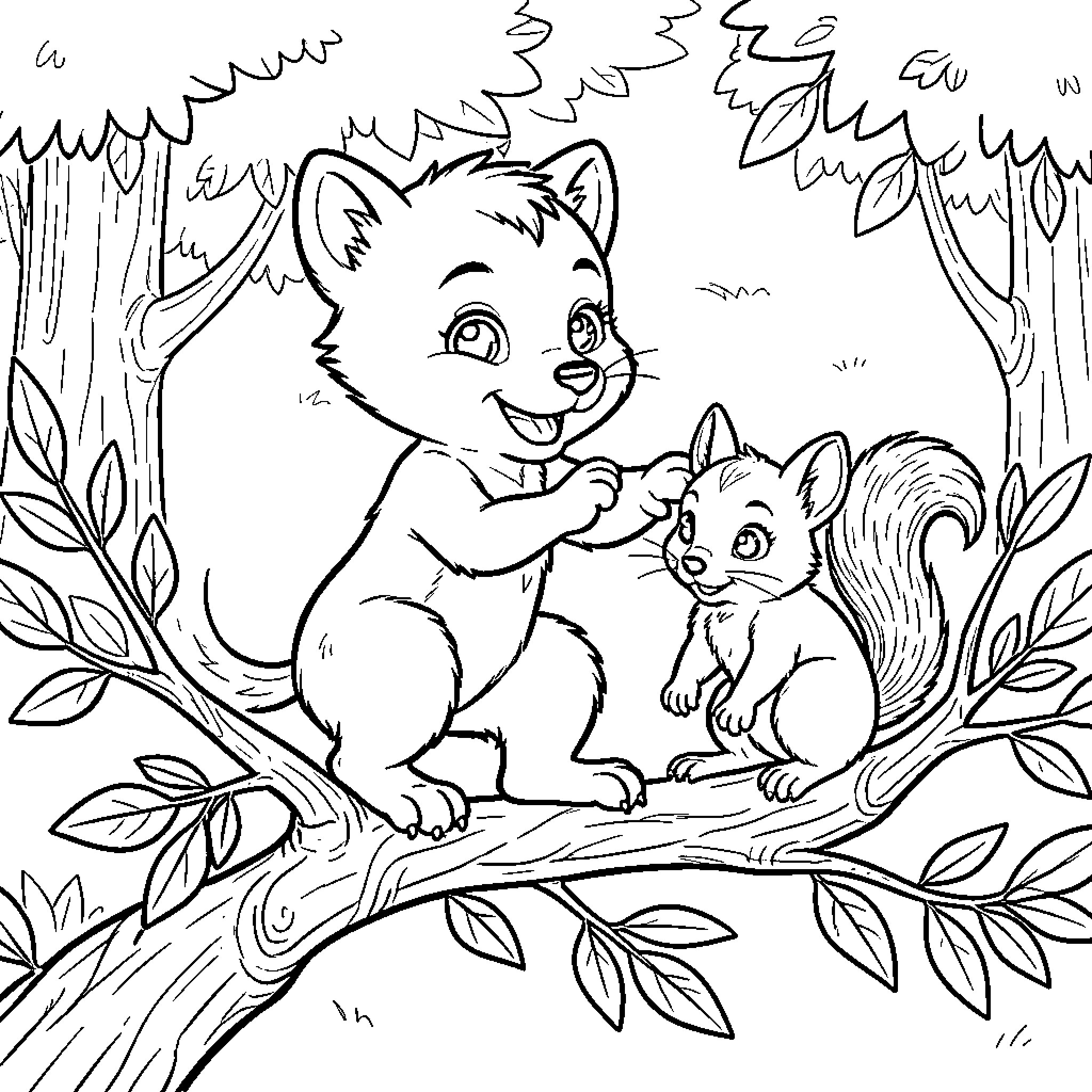 Loup playing happily with young friend in forest Coloring Page (free black-and-white line drawing printable PDF for all, from beginners to advanced learners, including children, teens, adults, and seniors)