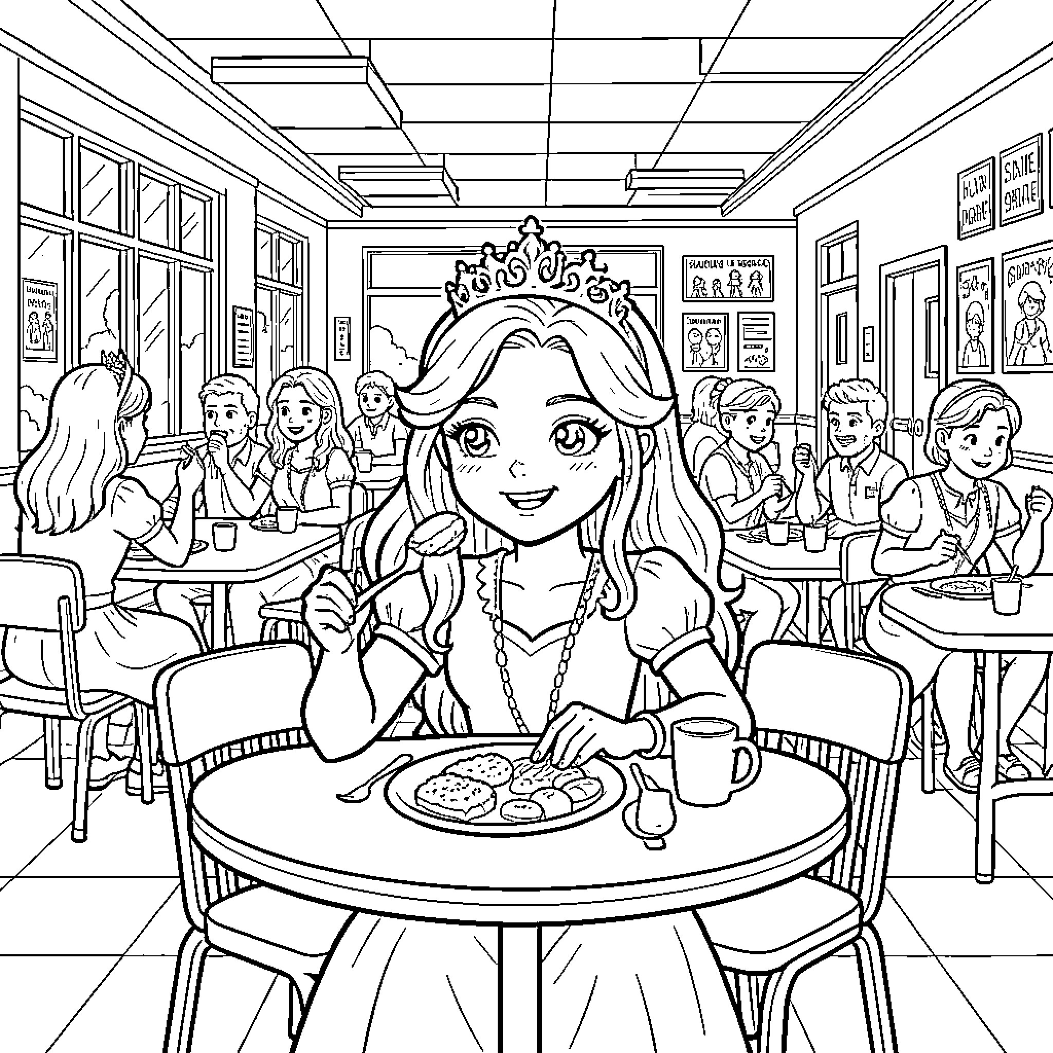 Princess Enjoying Lunch with Classmates in Cafeteria Coloring Page (free black-and-white line drawing printable PDF for all, from beginners to advanced learners, including children, teens, adults, and seniors)