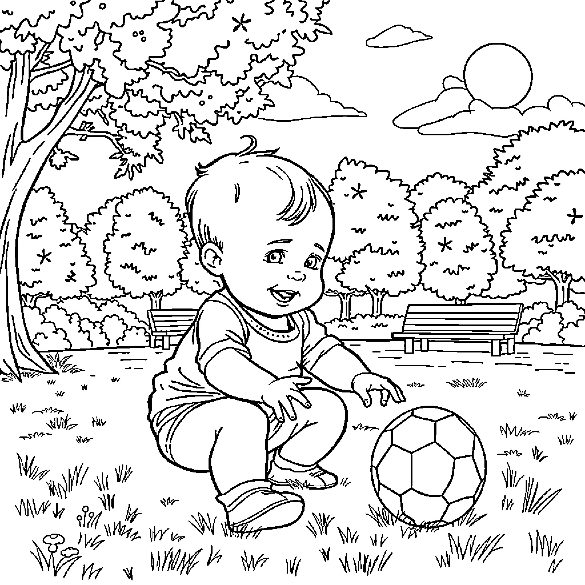 Baby playing with soccer ball in park Coloring Page (free black-and-white line drawing printable PDF for all, from beginners to advanced learners, including children, teens, adults, and seniors)