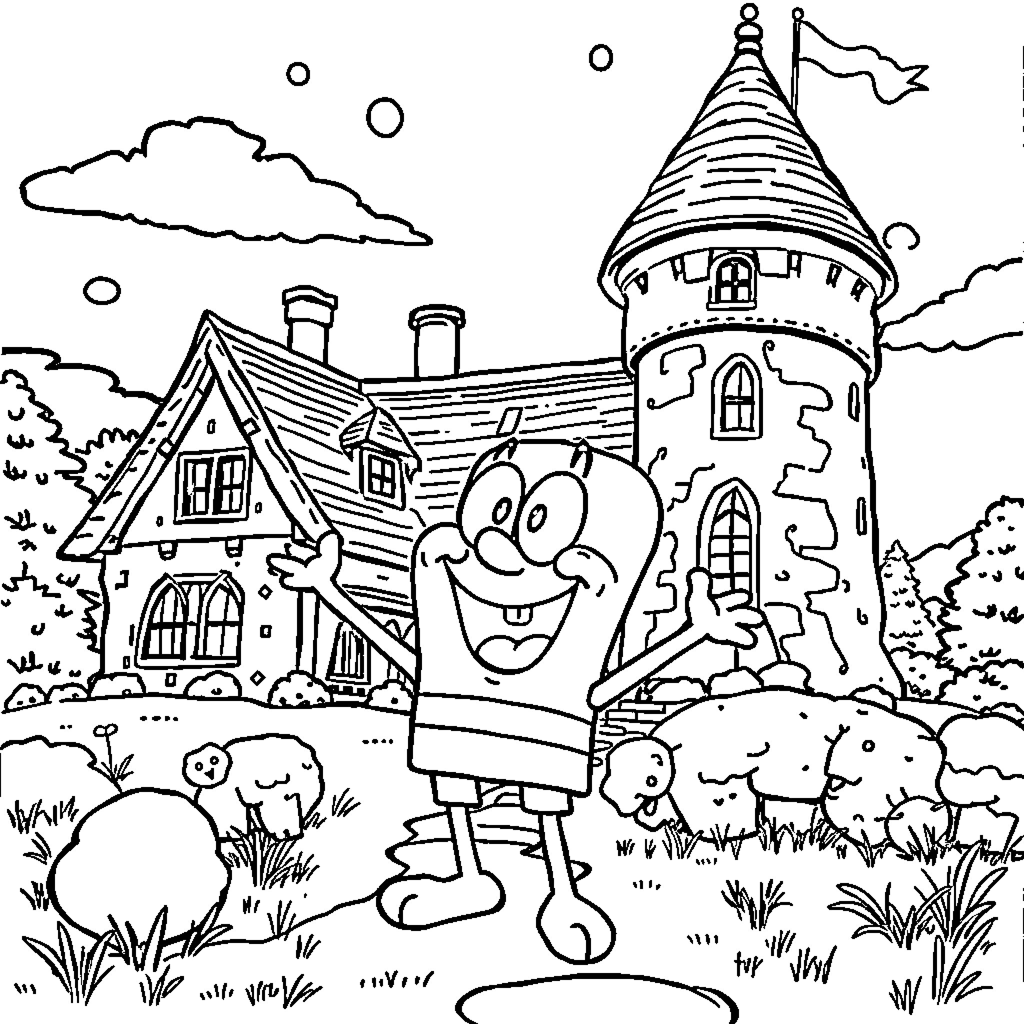 Spongebob enjoying a castle scene with friends Coloring Page (free black-and-white line drawing printable PDF for all, from beginners to advanced learners, including children, teens, adults, and seniors)