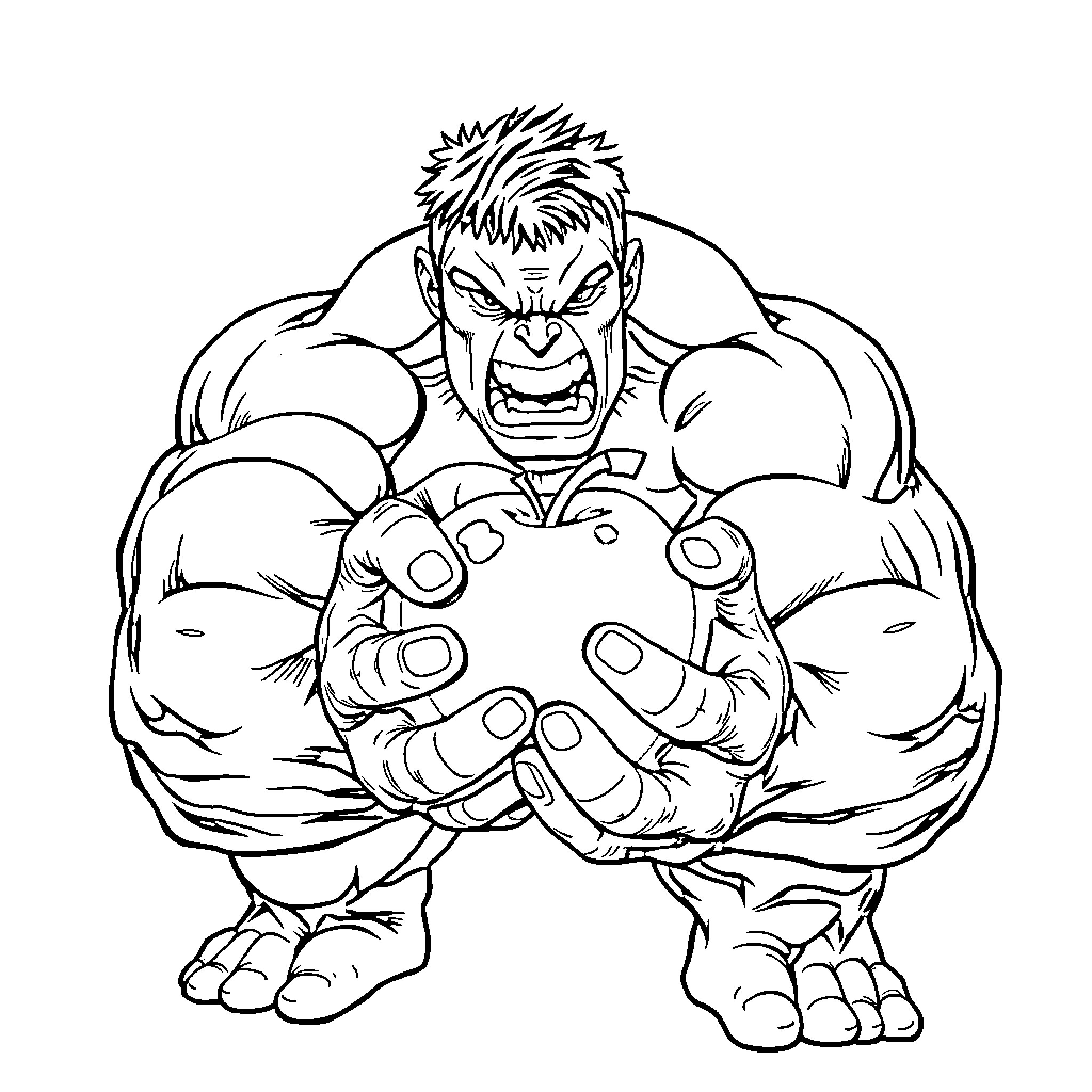 Hulk Crushing an Object with Mighty Hands Coloring Page (free black-and-white line drawing printable PDF for all, from beginners to advanced learners, including children, teens, adults, and seniors)