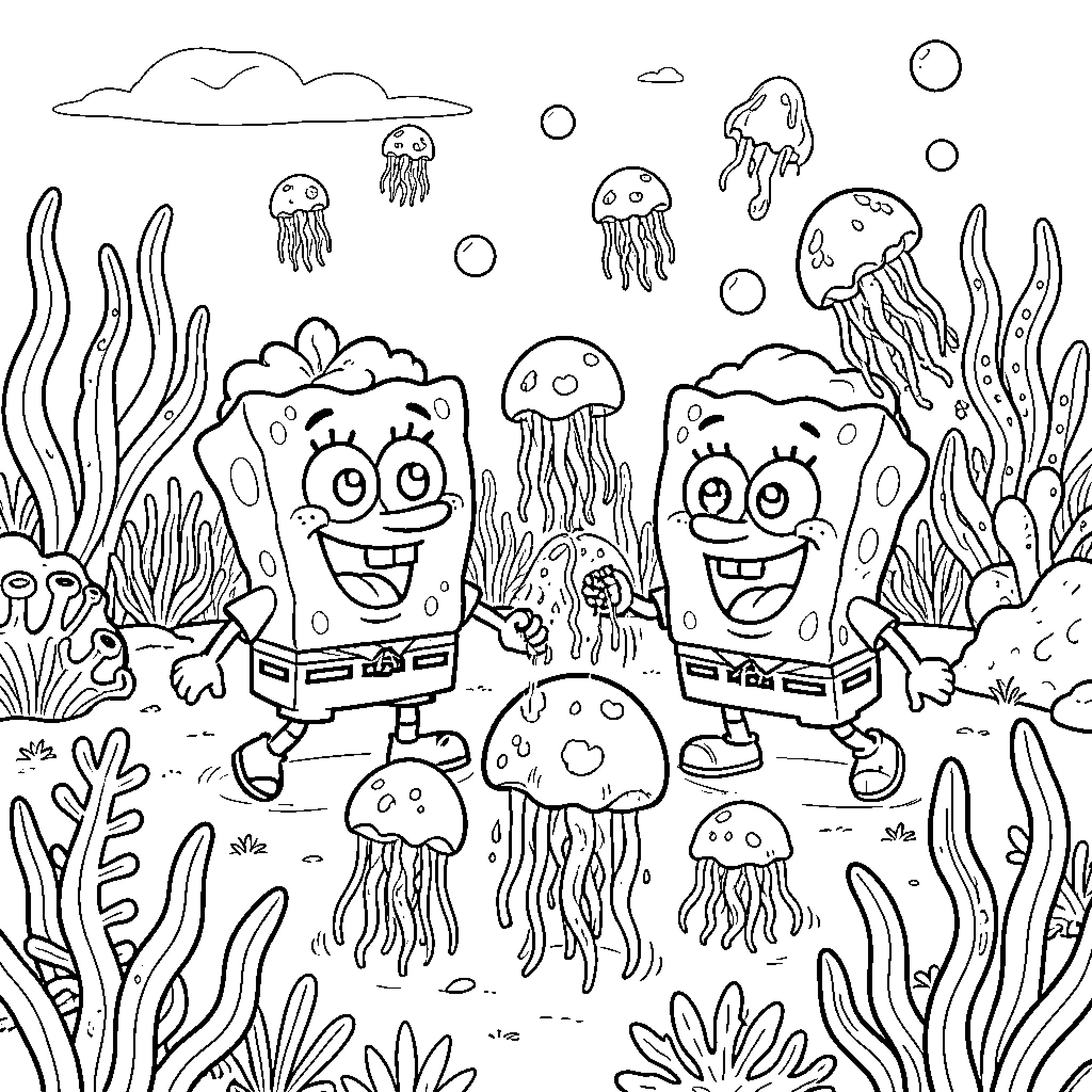 Bob esponja exploring the underwater world with jellyfish Coloring Page (free black-and-white line drawing printable PDF for all, from beginners to advanced learners, including children, teens, adults, and seniors)