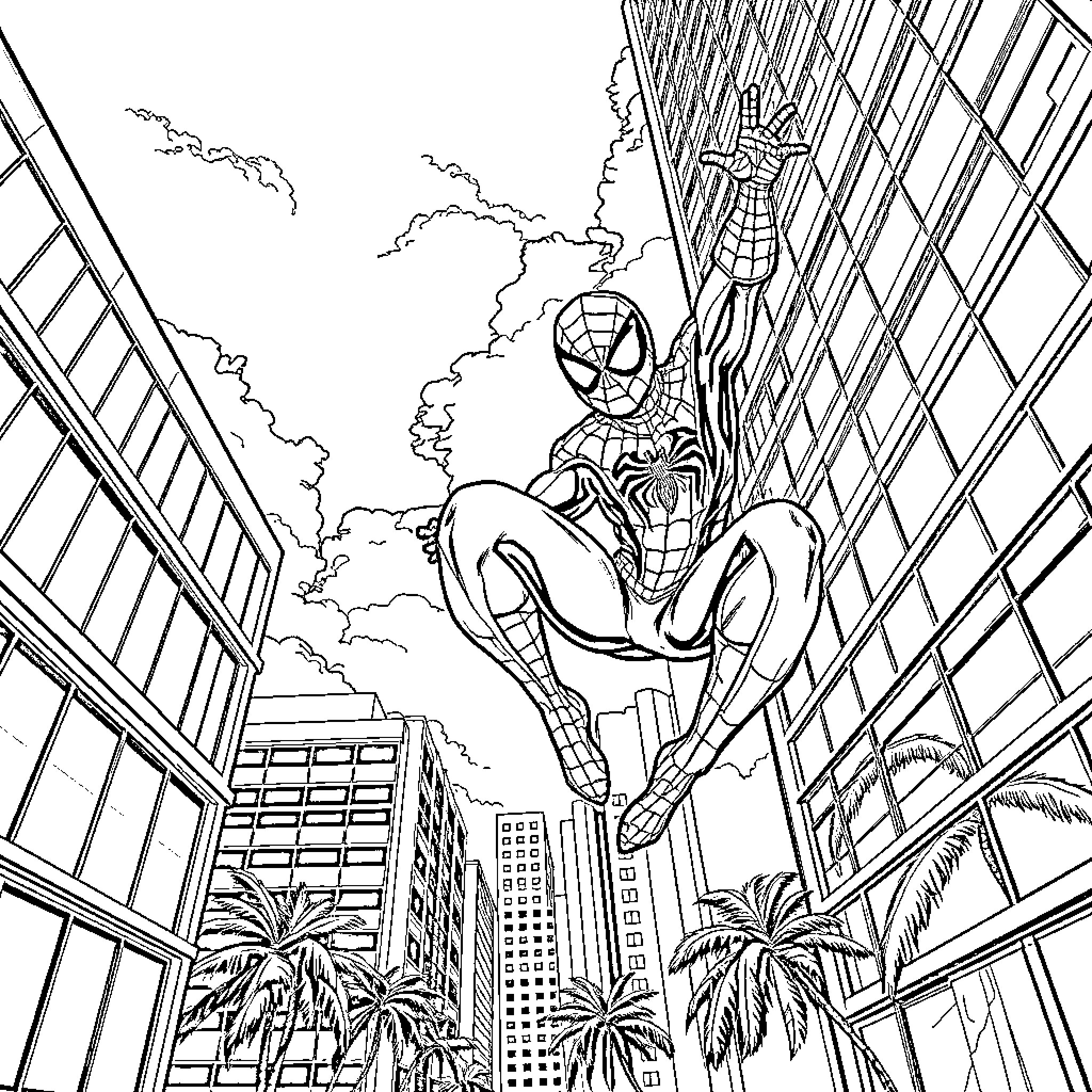 Spider-Man swinging through the city skyline Coloring Page (free black-and-white line drawing printable PDF for all, from beginners to advanced learners, including children, teens, adults, and seniors)