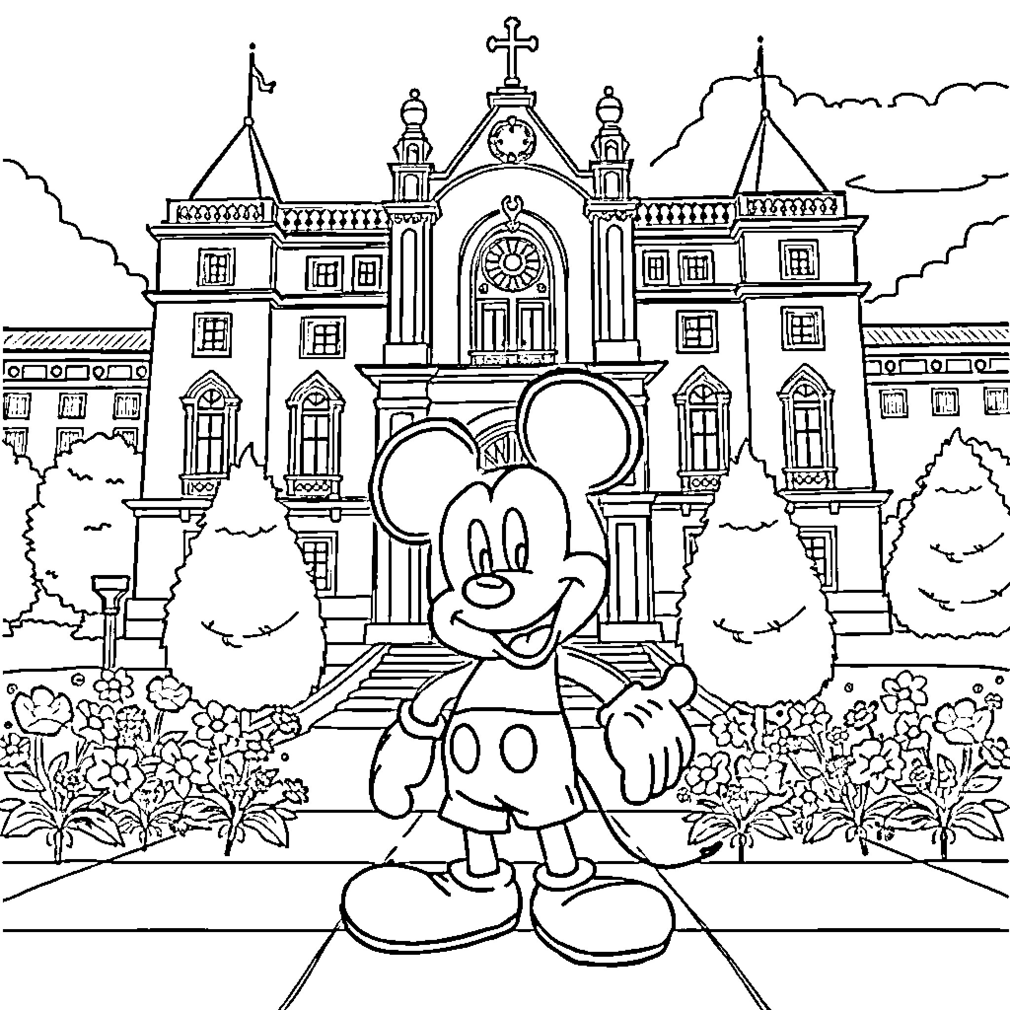 Mickey Mouse exploring a grand castle Coloring Page (free black-and-white line drawing printable PDF for all, from beginners to advanced learners, including children, teens, adults, and seniors)