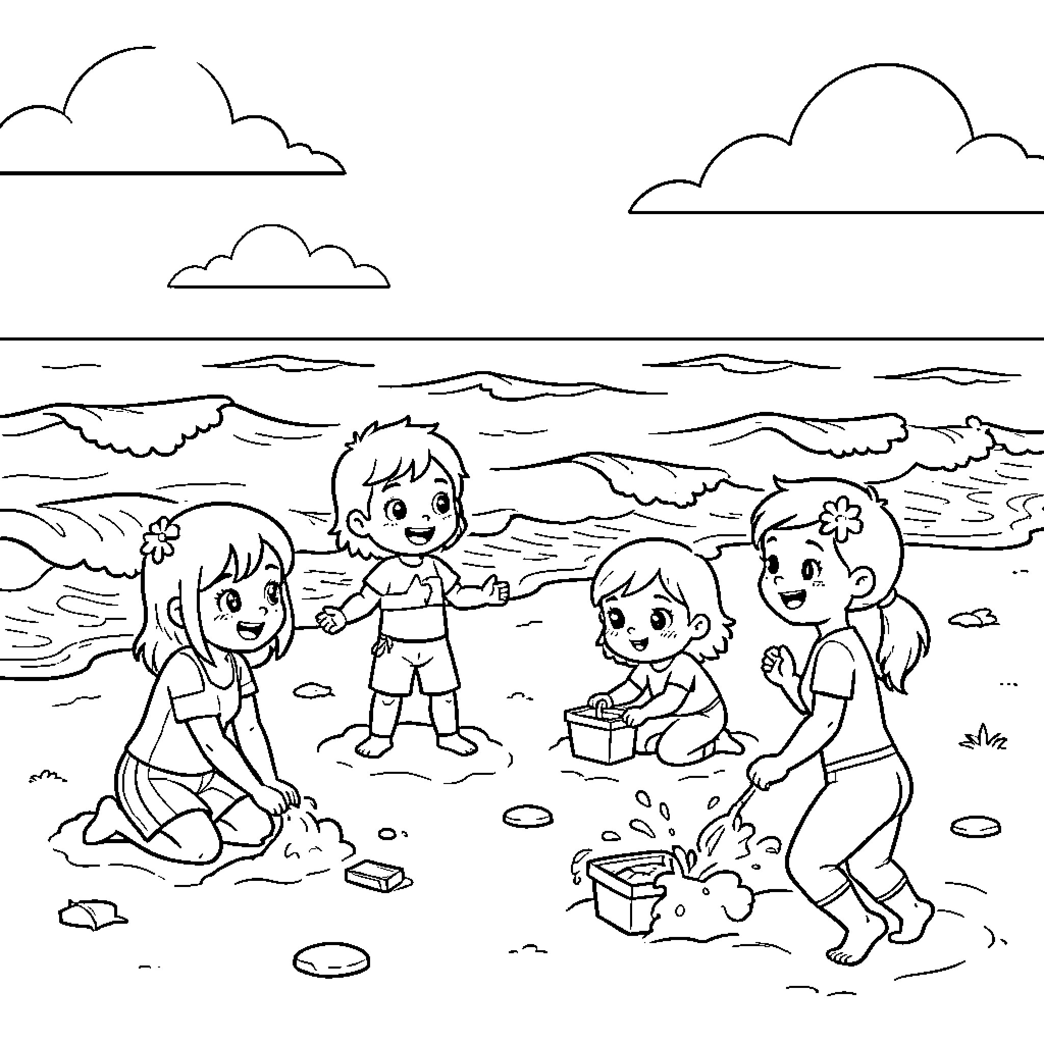 Kawaii children playing happily on the beach Coloring Page (free black-and-white line drawing printable PDF for all, from beginners to advanced learners, including children, teens, adults, and seniors)