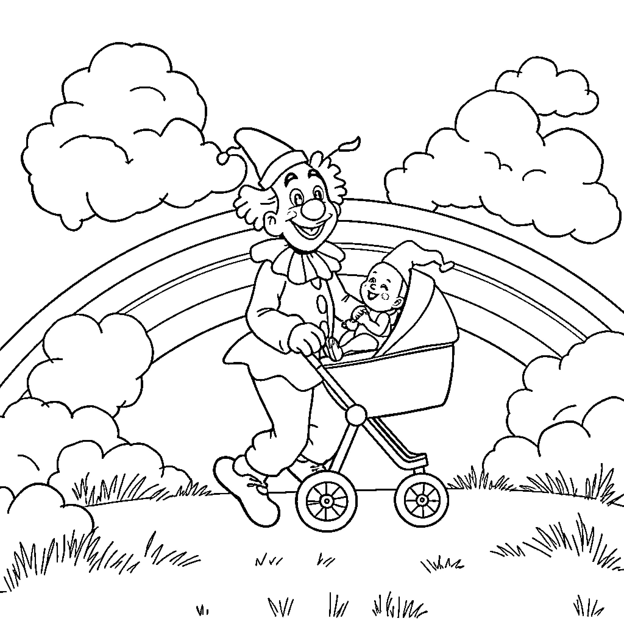 Clown pushing baby stroller in rainbow meadow Coloring Page (free black-and-white line drawing printable PDF for all, from beginners to advanced learners, including children, teens, adults, and seniors)