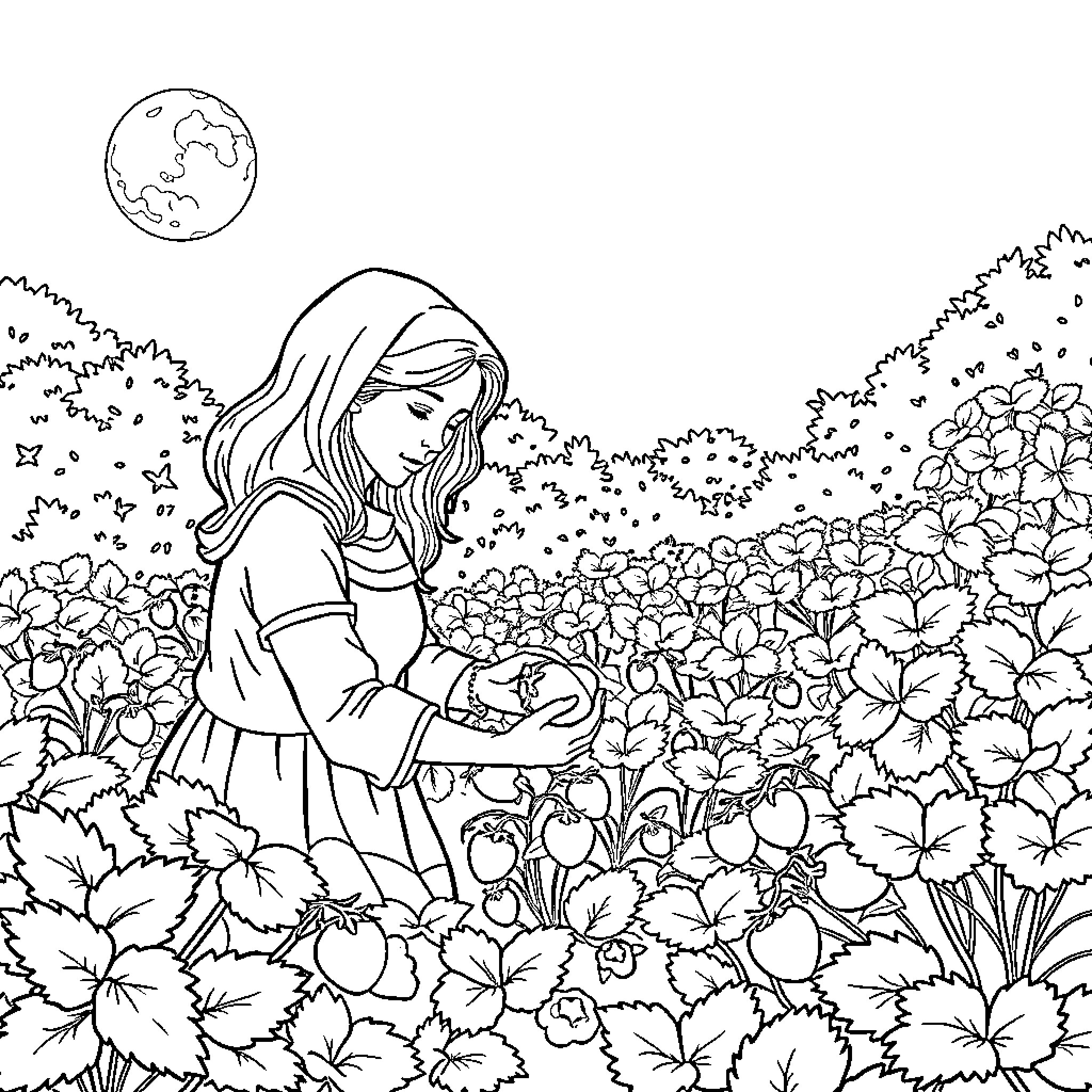 Mother in a Serene Meadow Coloring Page (free black-and-white line drawing printable PDF for all, from beginners to advanced learners, including children, teens, adults, and seniors)