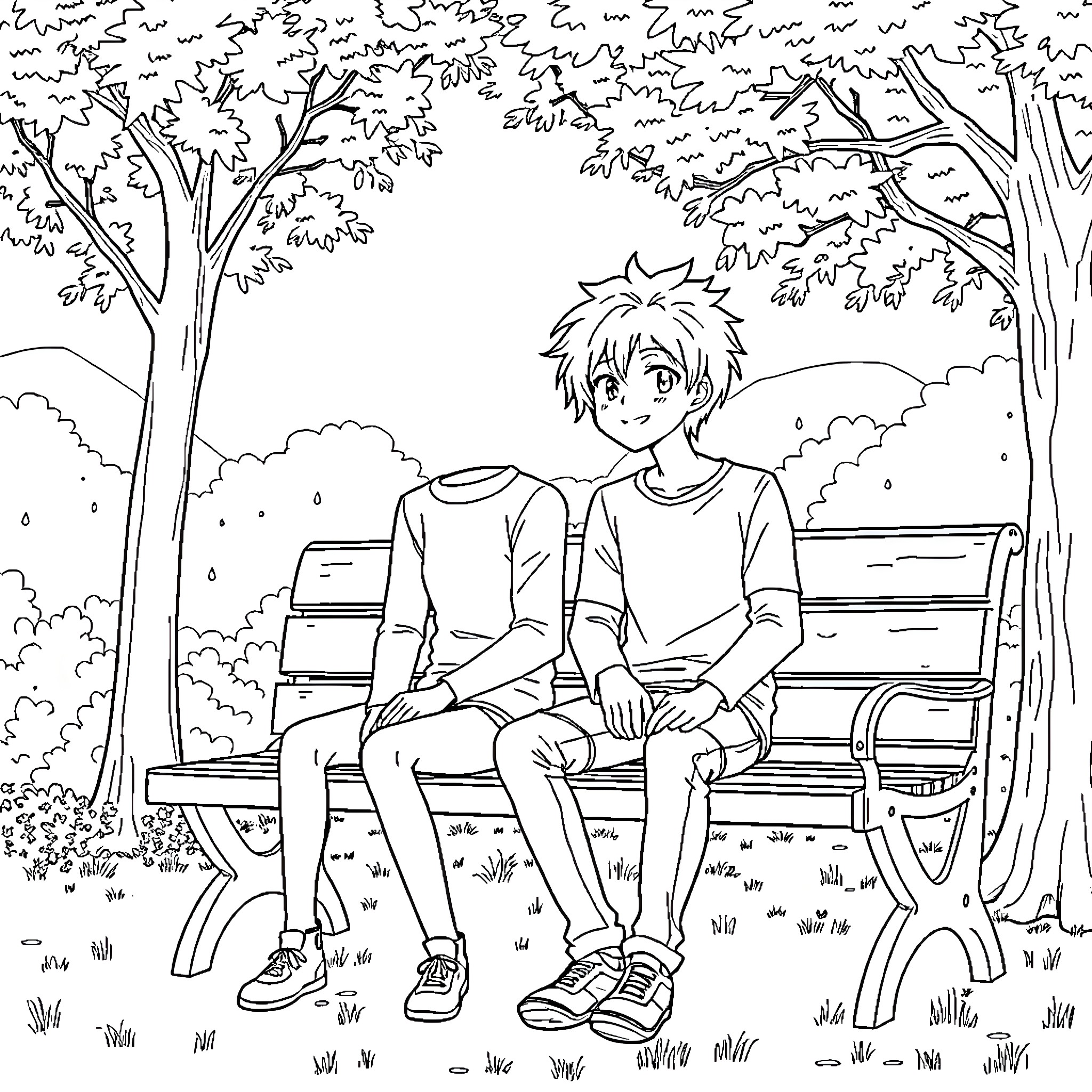 Tsuyu Asui resting peacefully on a park bench Coloring Page (free black-and-white line drawing printable PDF for all, from beginners to advanced learners, including children, teens, adults, and seniors)
