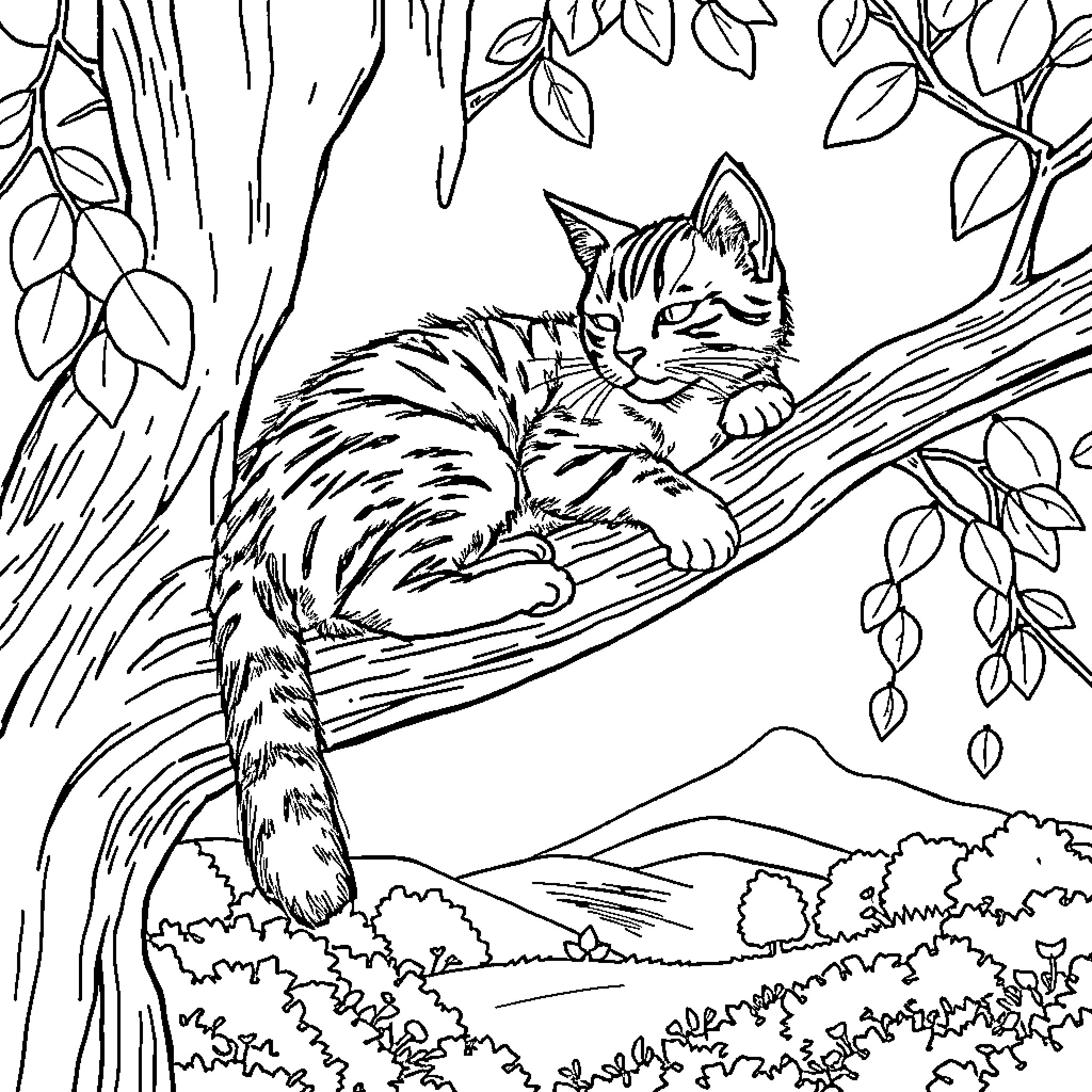 Cat resting peacefully in a tree Coloring Page (free black-and-white line drawing printable PDF for all, from beginners to advanced learners, including children, teens, adults, and seniors)