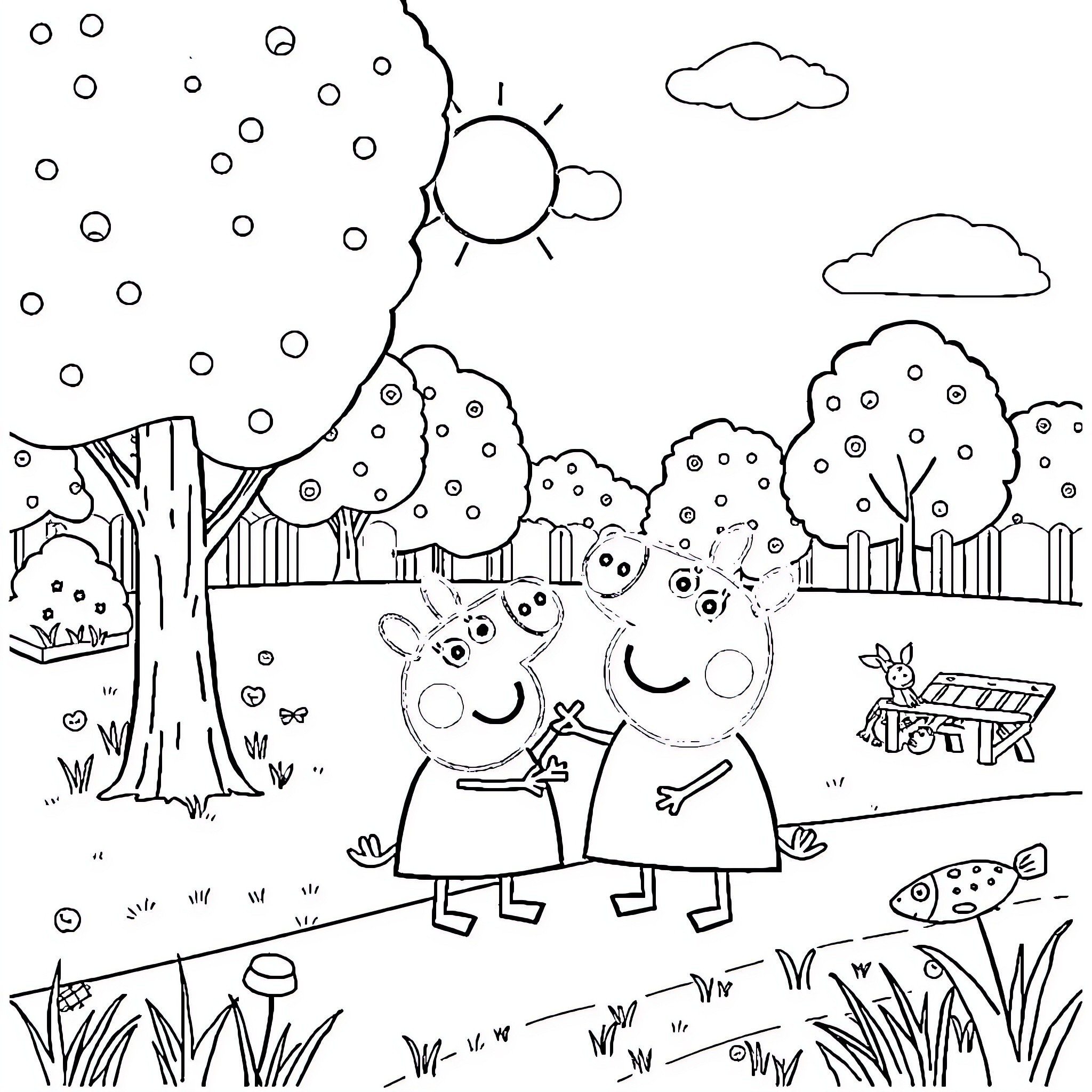 Peppa Pig and friends explore the outdoors Coloring Page (free black-and-white line drawing printable PDF for all, from beginners to advanced learners, including children, teens, adults, and seniors)