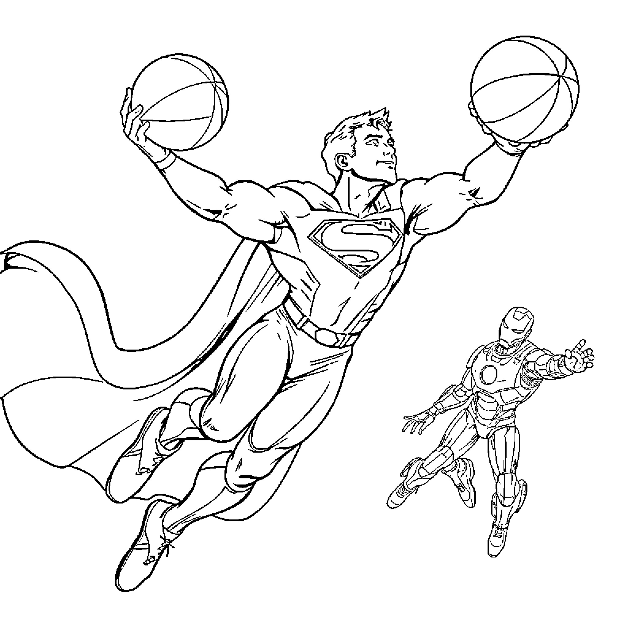 Superman juggles basketballs and superhero poses Coloring Page (free black-and-white line drawing printable PDF for all, from beginners to advanced learners, including children, teens, adults, and seniors)