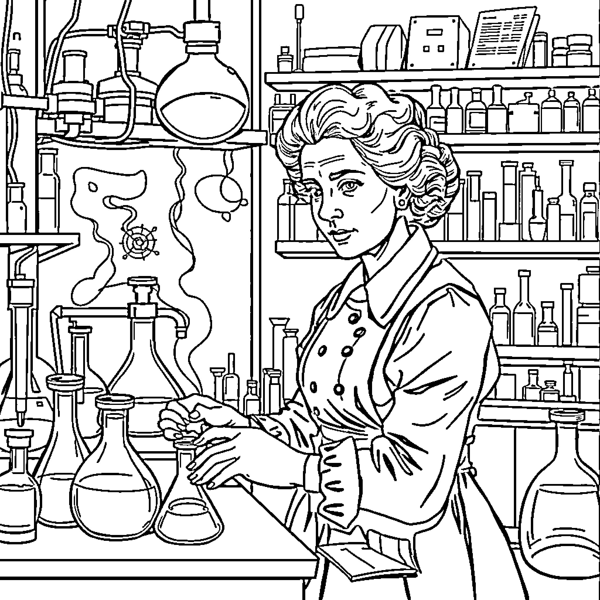Marie Curie Conducting Scientific Experiments in the Laboratory Coloring Page (free black-and-white line drawing printable PDF for all, from beginners to advanced learners, including children, teens, adults, and seniors)