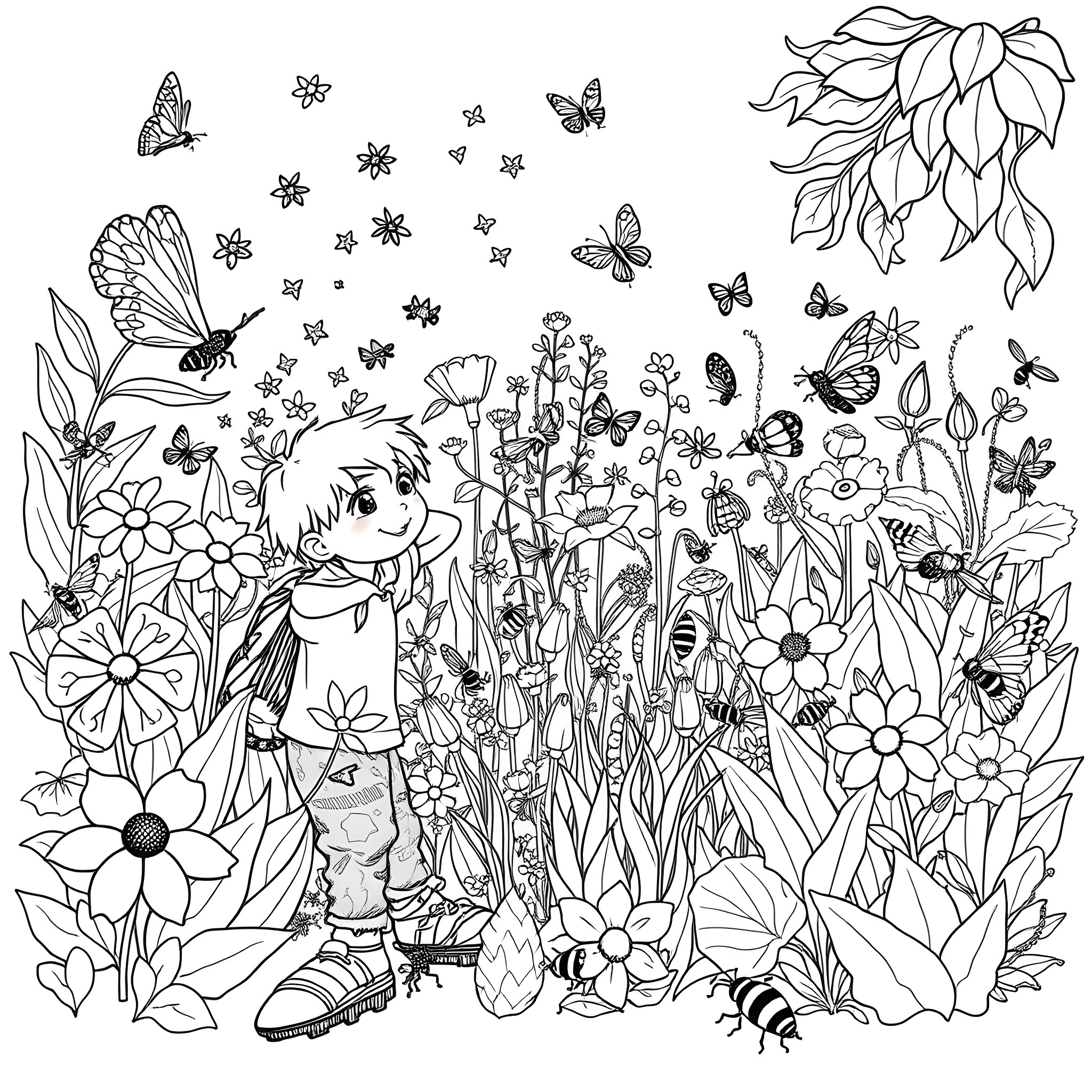 Bug Explore in Blooming Floral Garden Coloring Page (free black-and-white line drawing printable PDF for all, from beginners to advanced learners, including children, teens, adults, and seniors)