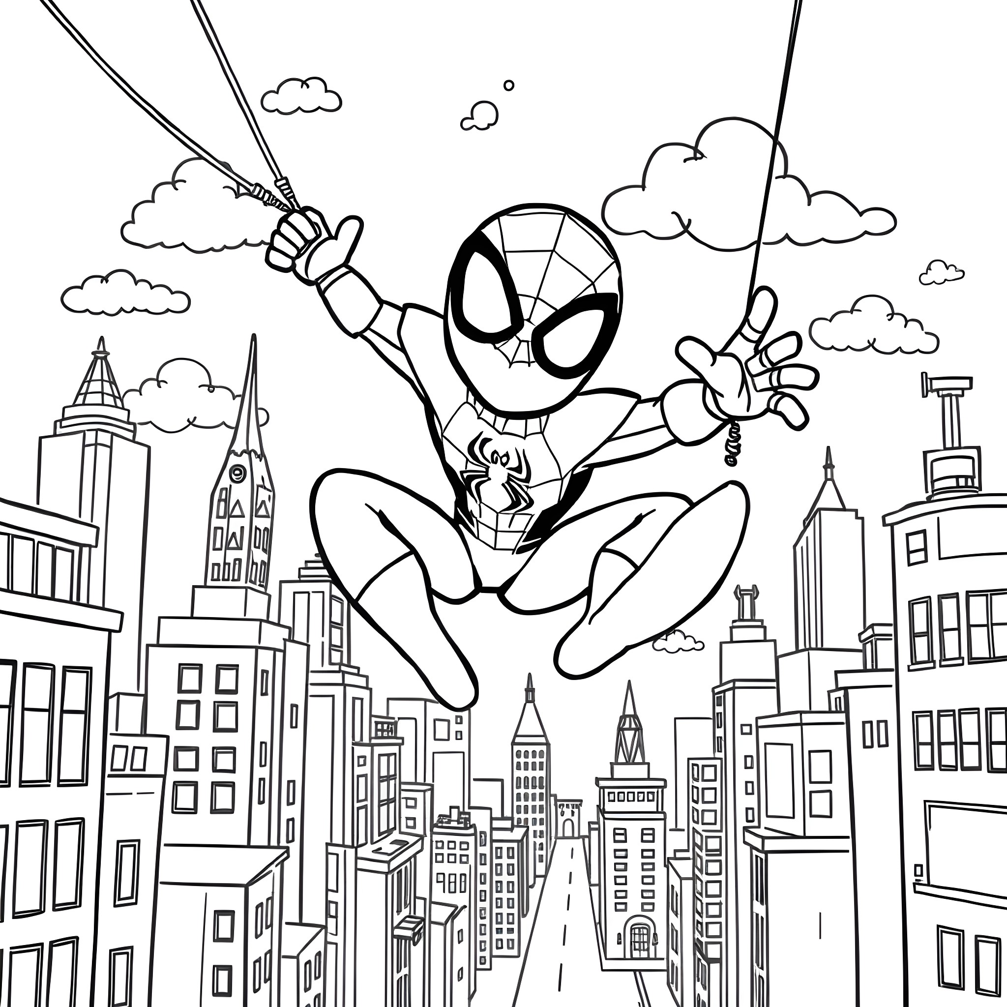 Spider-Man swinging through the city Coloring Page (free black-and-white line drawing printable PDF for all, from beginners to advanced learners, including children, teens, adults, and seniors)