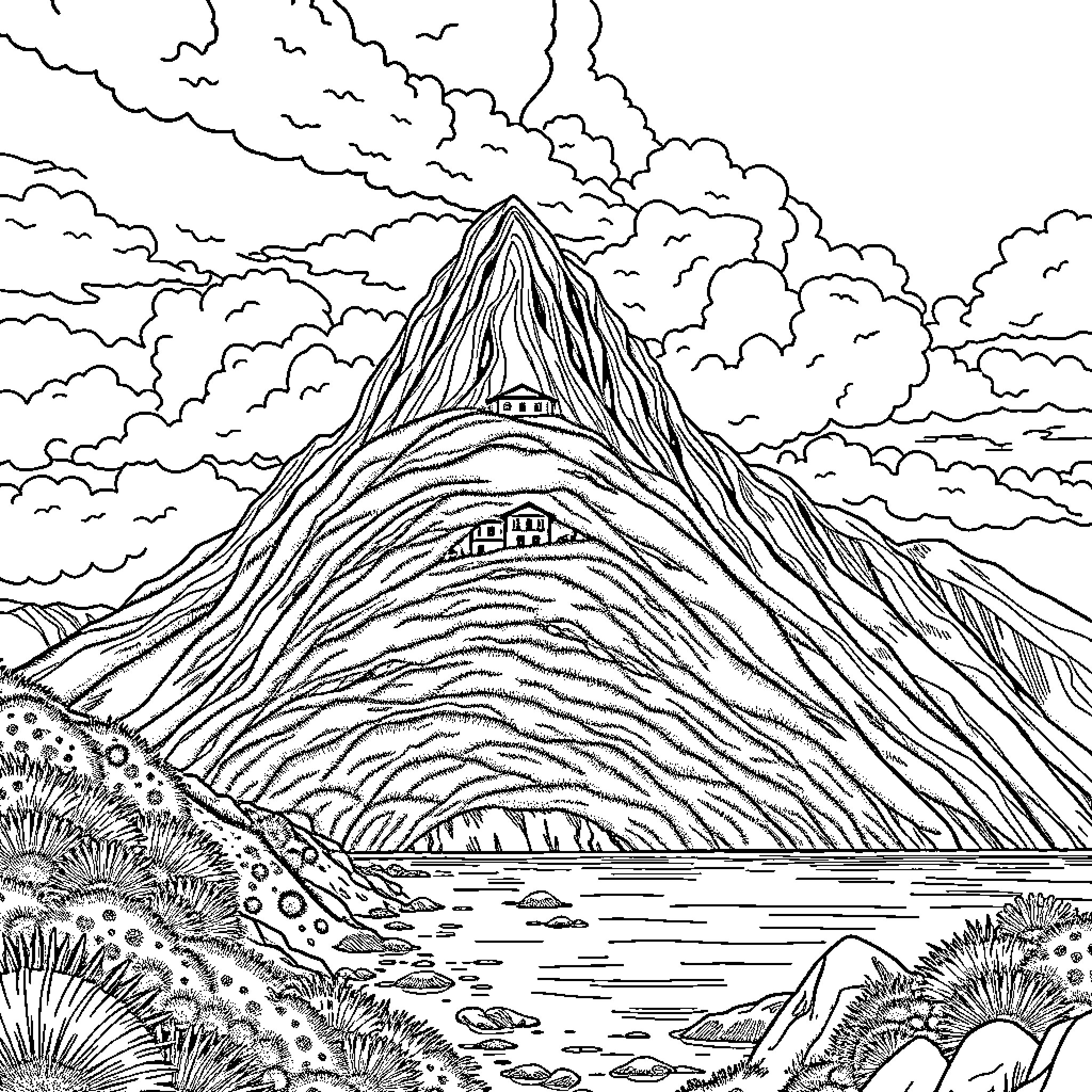 Montagne: Dramatic Landscape with Cloudy Skies Coloring Page (free black-and-white line drawing printable PDF for all, from beginners to advanced learners, including children, teens, adults, and seniors)
