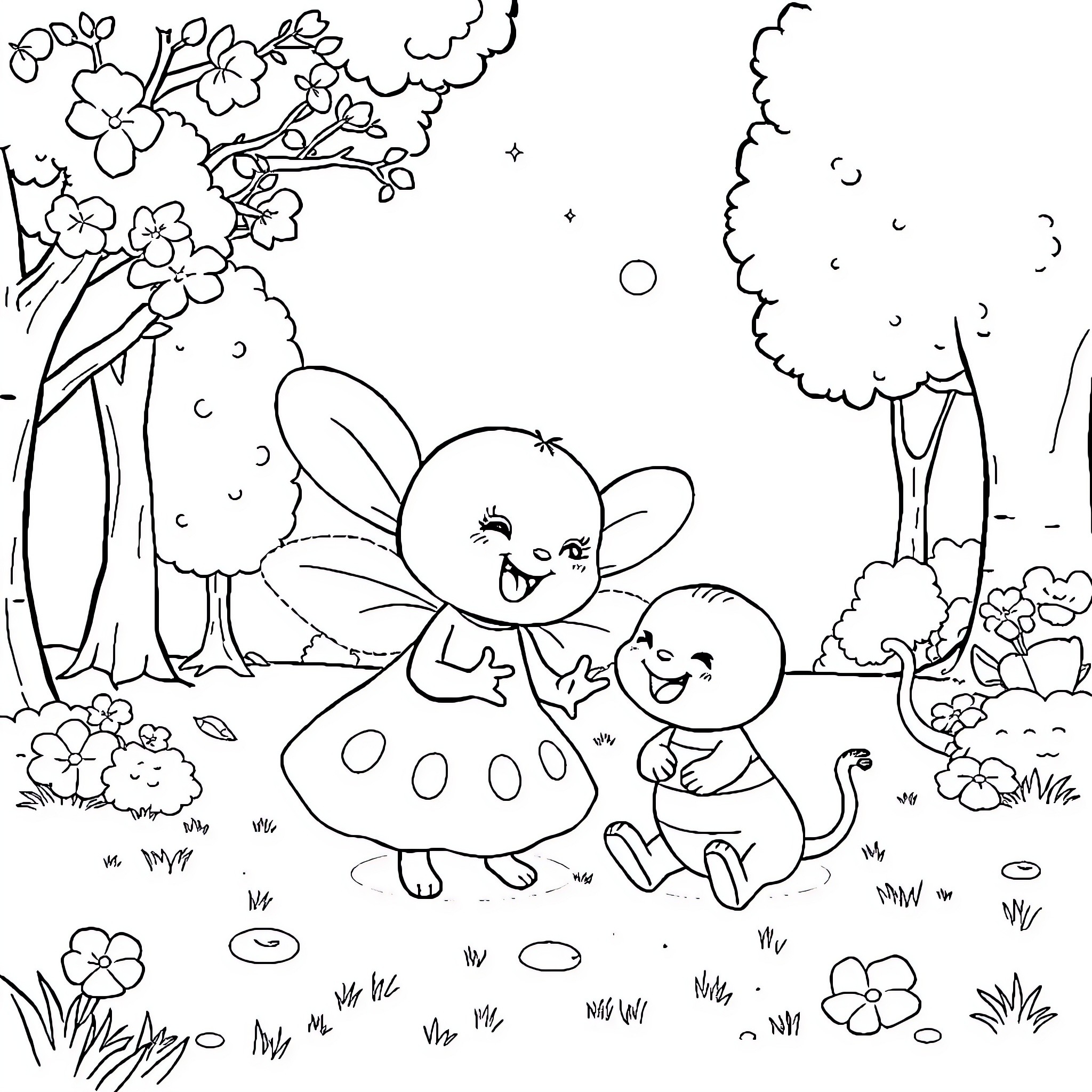 Bubu's Playful Nature in the Whimsical Forest Coloring Page (free black-and-white line drawing printable PDF for all, from beginners to advanced learners, including children, teens, adults, and seniors)