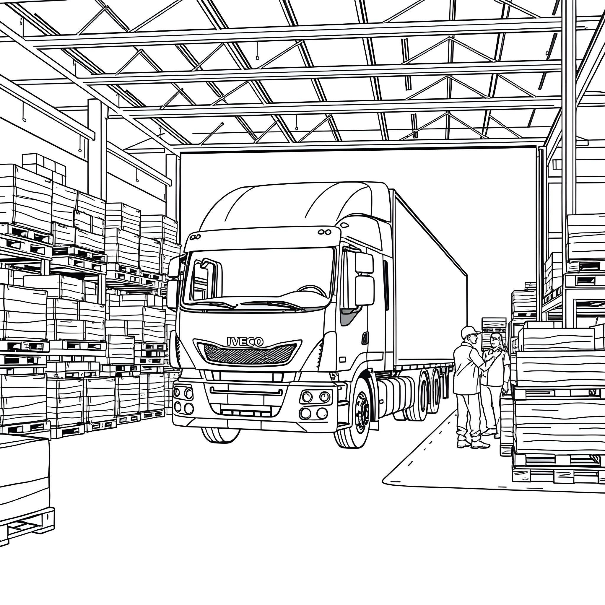 Iveco Truck loading cargo in warehouse Coloring Page (free black-and-white line drawing printable PDF for all, from beginners to advanced learners, including children, teens, adults, and seniors)