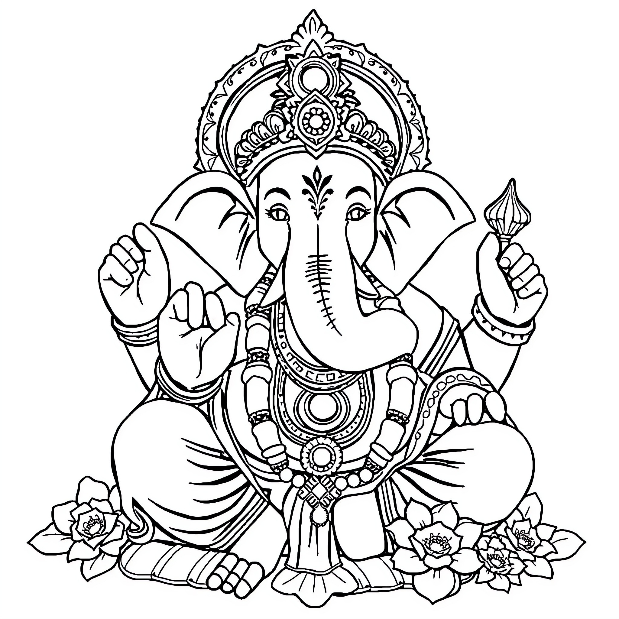 Ganpati the Elephant-Headed Deity in Ceremonial Attire Coloring Page (free black-and-white line drawing printable PDF for all, from beginners to advanced learners, including children, teens, adults, and seniors)