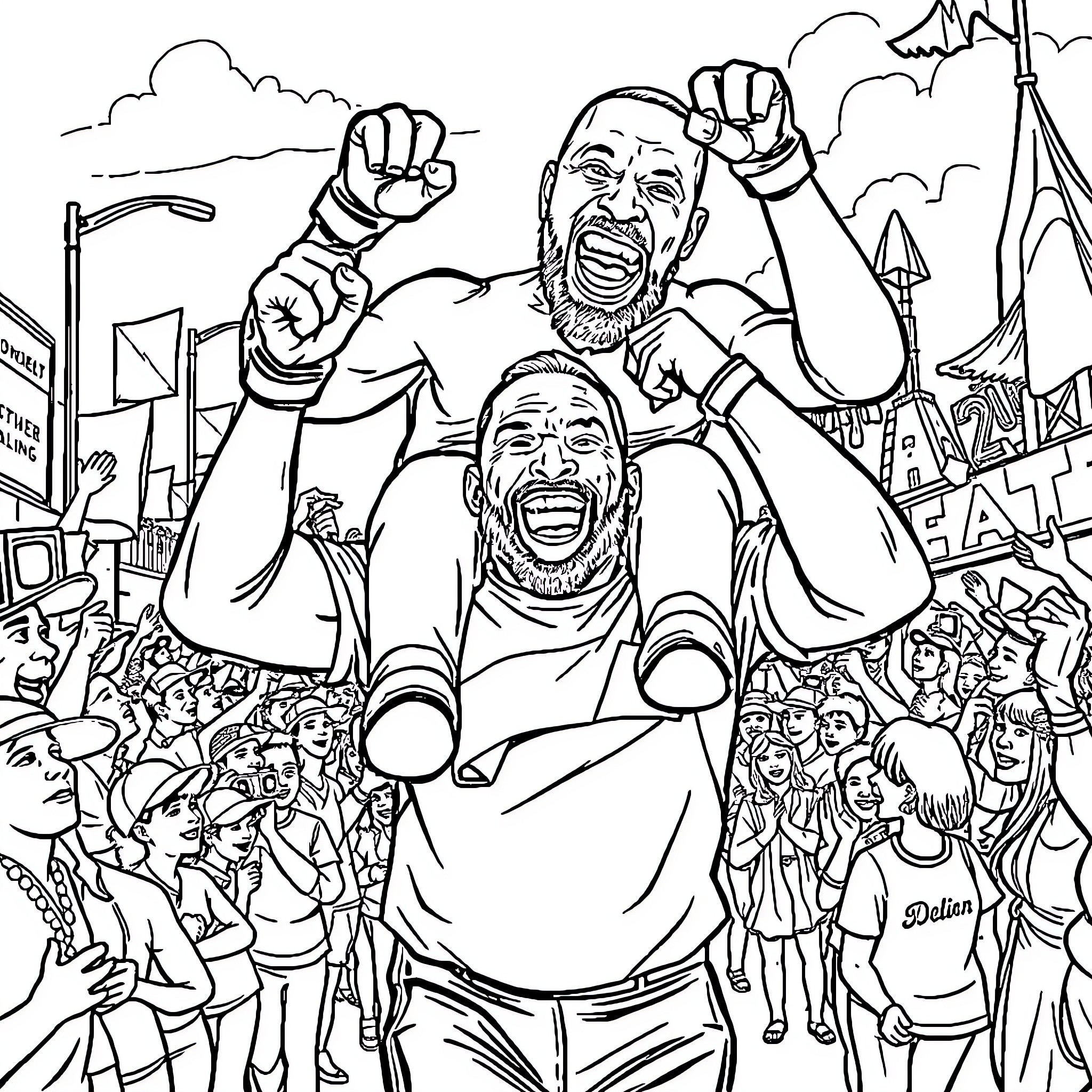 Dana White celebrating victory with fighter in the ring Coloring Page (free black-and-white line drawing printable PDF for all, from beginners to advanced learners, including children, teens, adults, and seniors)