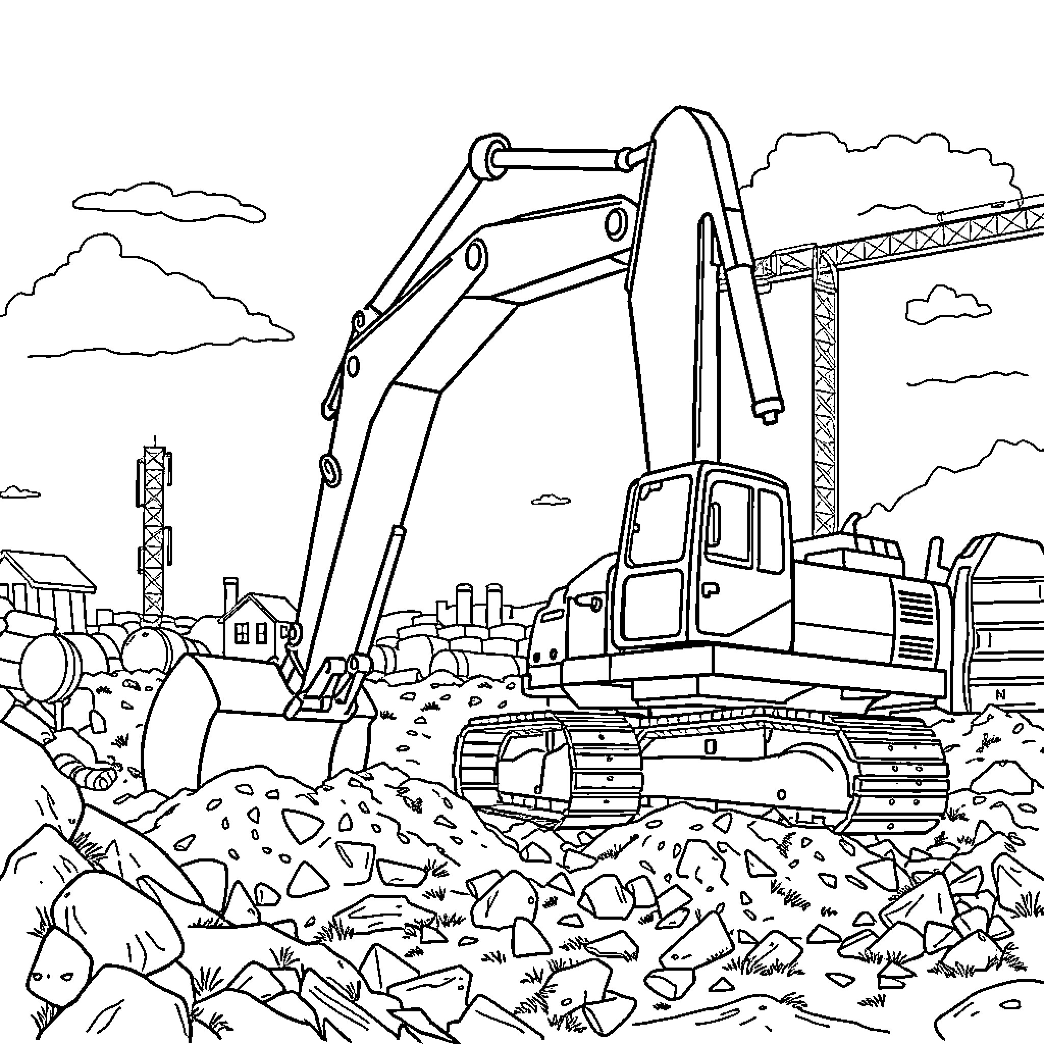 Excavator operating at a construction site Coloring Page (free black-and-white line drawing printable PDF for all, from beginners to advanced learners, including children, teens, adults, and seniors)