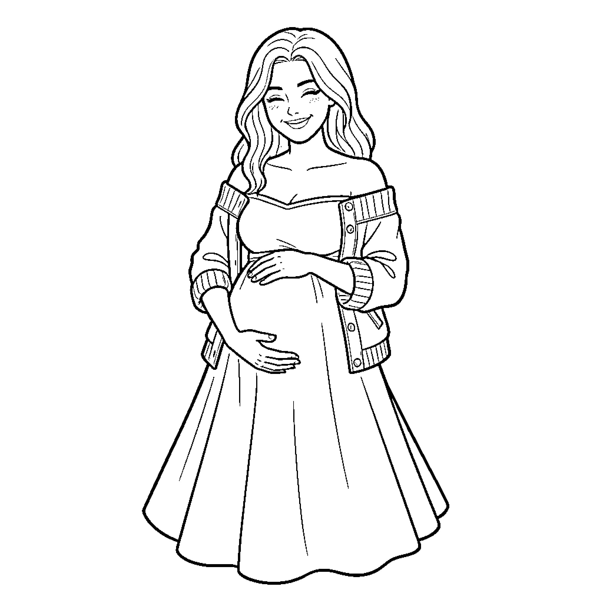 Pregnant Woman in Elegant Attire Coloring Page (free black-and-white line drawing printable PDF for all, from beginners to advanced learners, including children, teens, adults, and seniors)