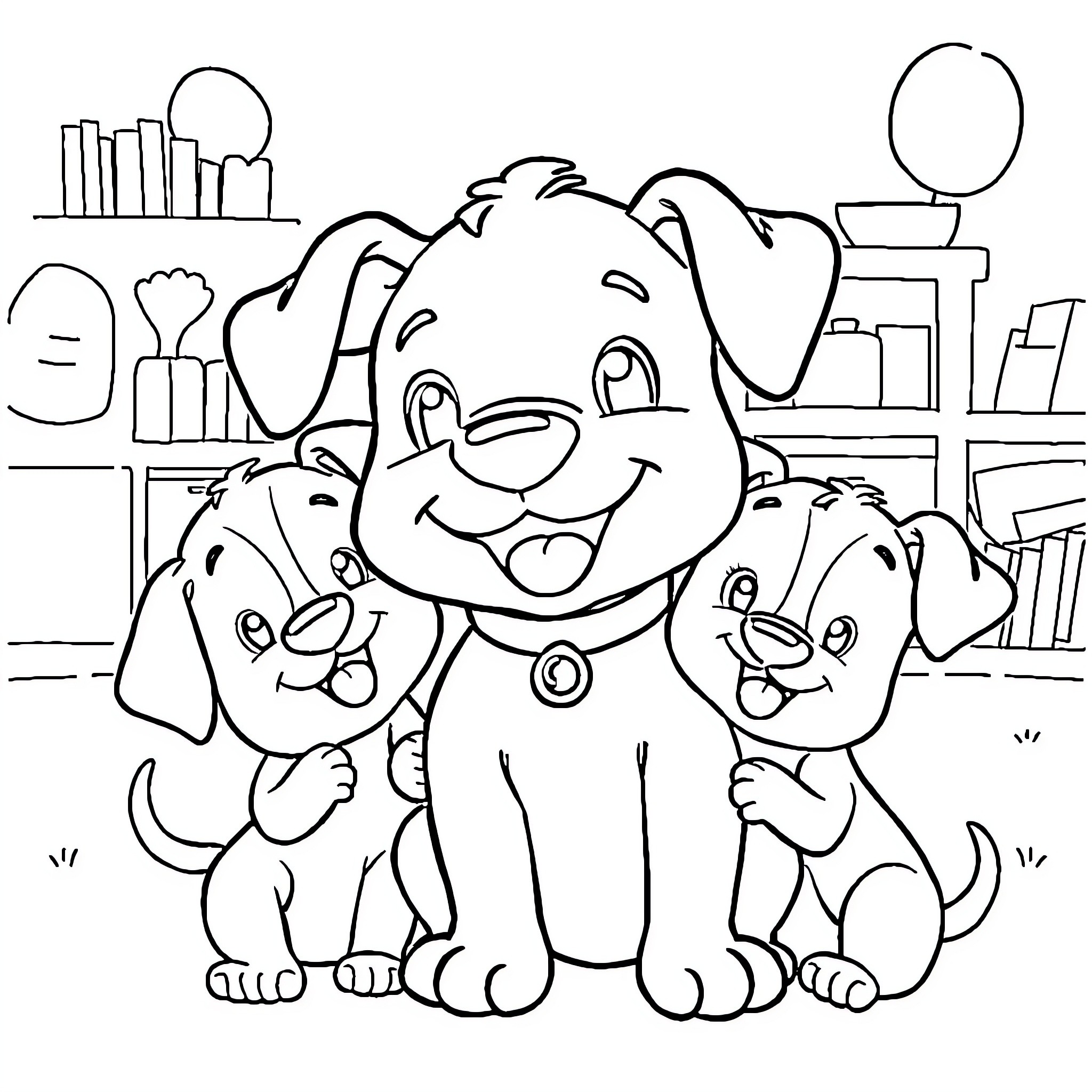 Dog and Puppies Happily Playing in Room Coloring Page (free black-and-white line drawing printable PDF for all, from beginners to advanced learners, including children, teens, adults, and seniors)