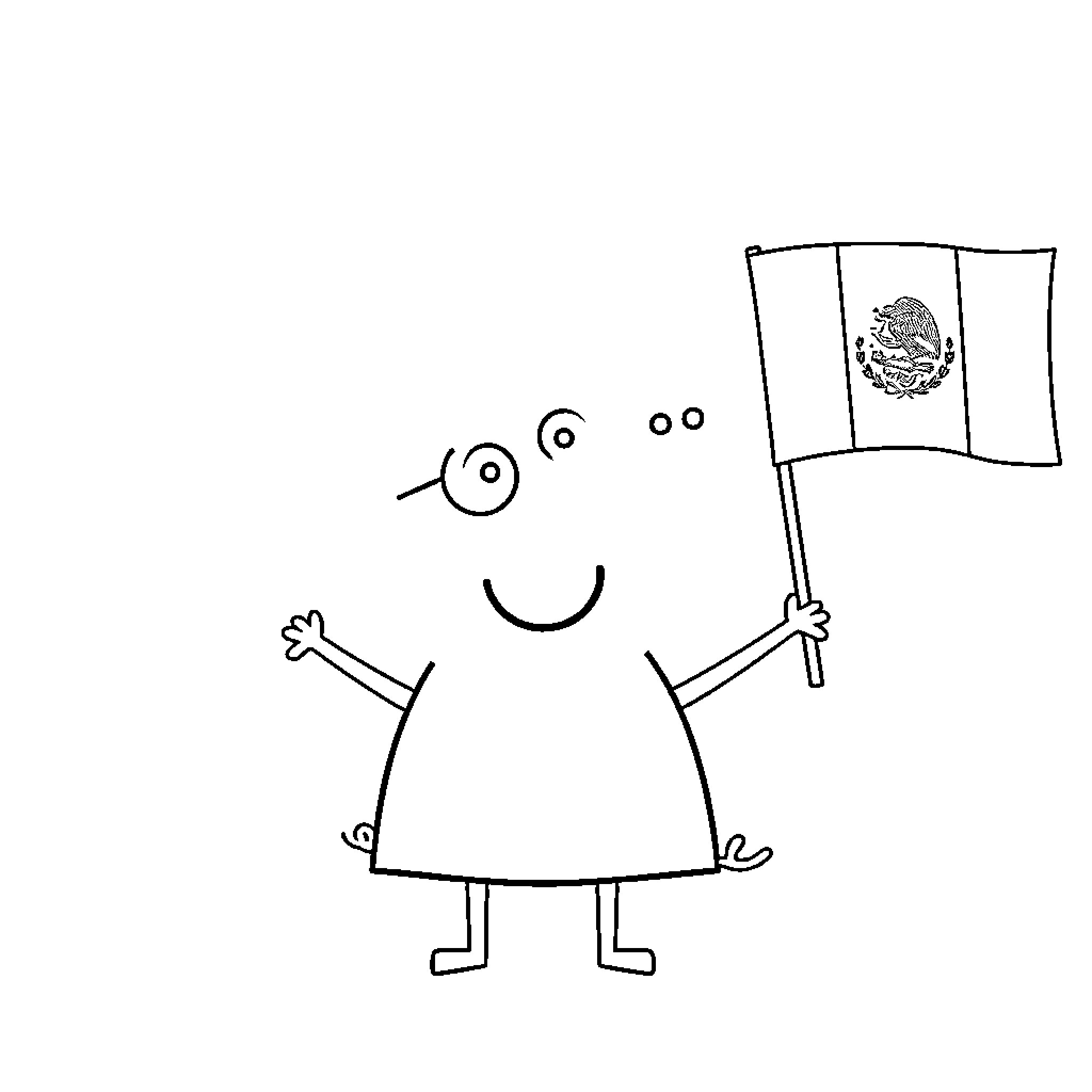 Peppa Pig waving a flag happily Coloring Page (free black-and-white line drawing printable PDF for all, from beginners to advanced learners, including children, teens, adults, and seniors)