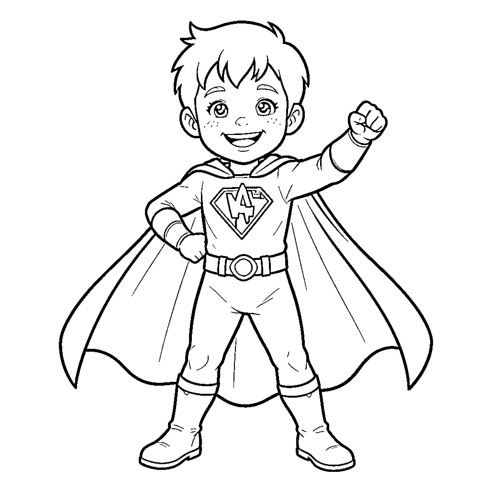 Superhero Boy Striking a Confident Pose Coloring Page (free black-and-white line drawing printable PDF for all, from beginners to advanced learners, including children, teens, adults, and seniors)