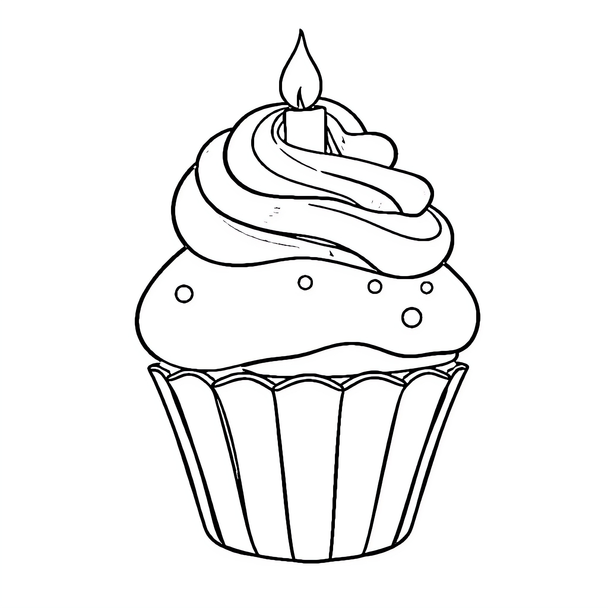 Cupcake with decorative swirling icing and candle Coloring Page (free black-and-white line drawing printable PDF for all, from beginners to advanced learners, including children, teens, adults, and seniors)