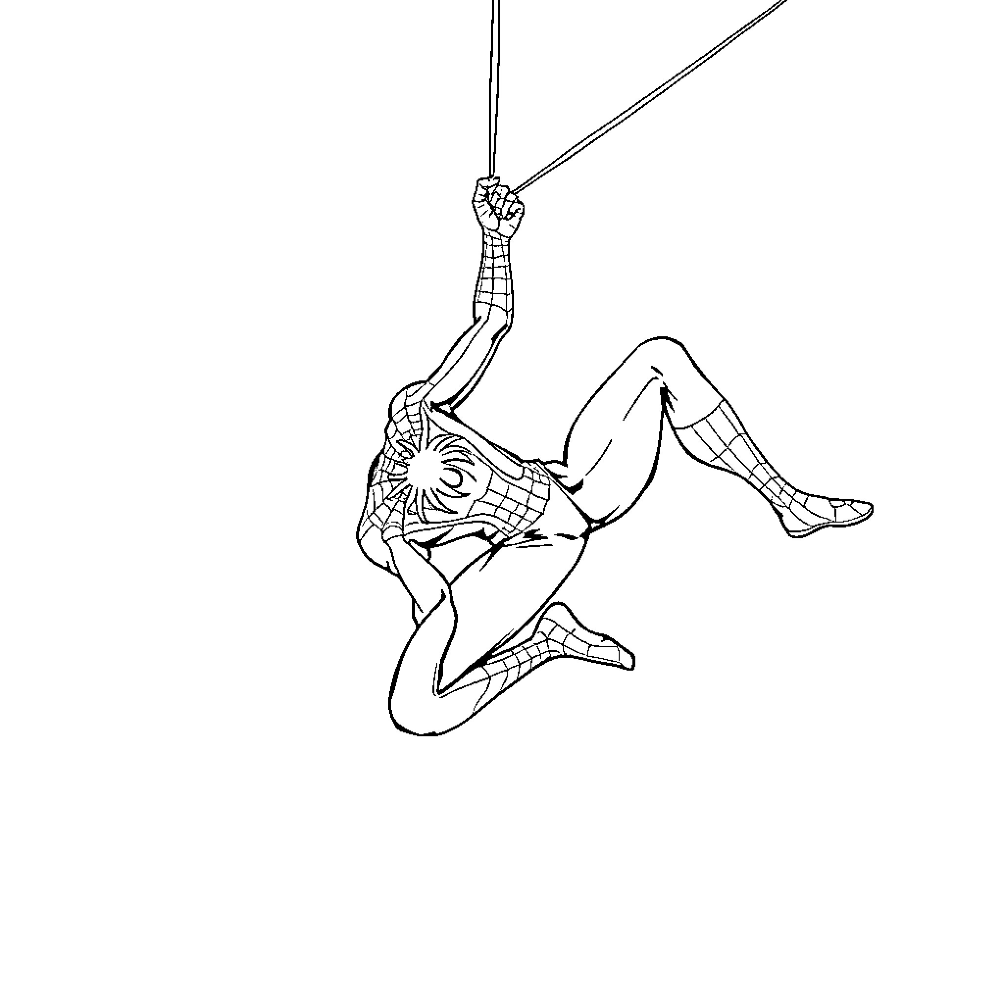 Spiderman swinging through the city Coloring Page (free black-and-white line drawing printable PDF for all, from beginners to advanced learners, including children, teens, adults, and seniors)