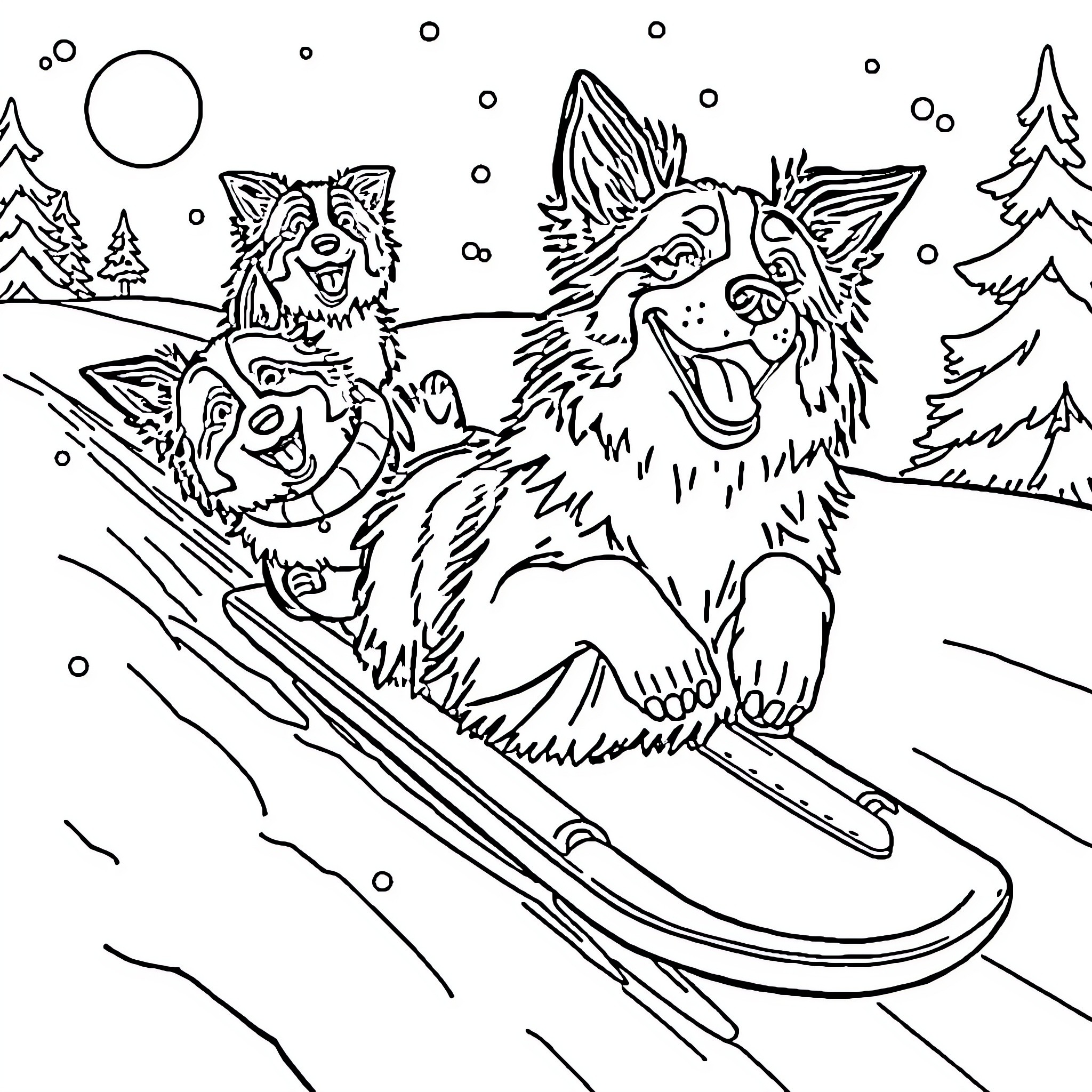 Border Collies sledding through snowy winter landscape Coloring Page (free black-and-white line drawing printable PDF for all, from beginners to advanced learners, including children, teens, adults, and seniors)