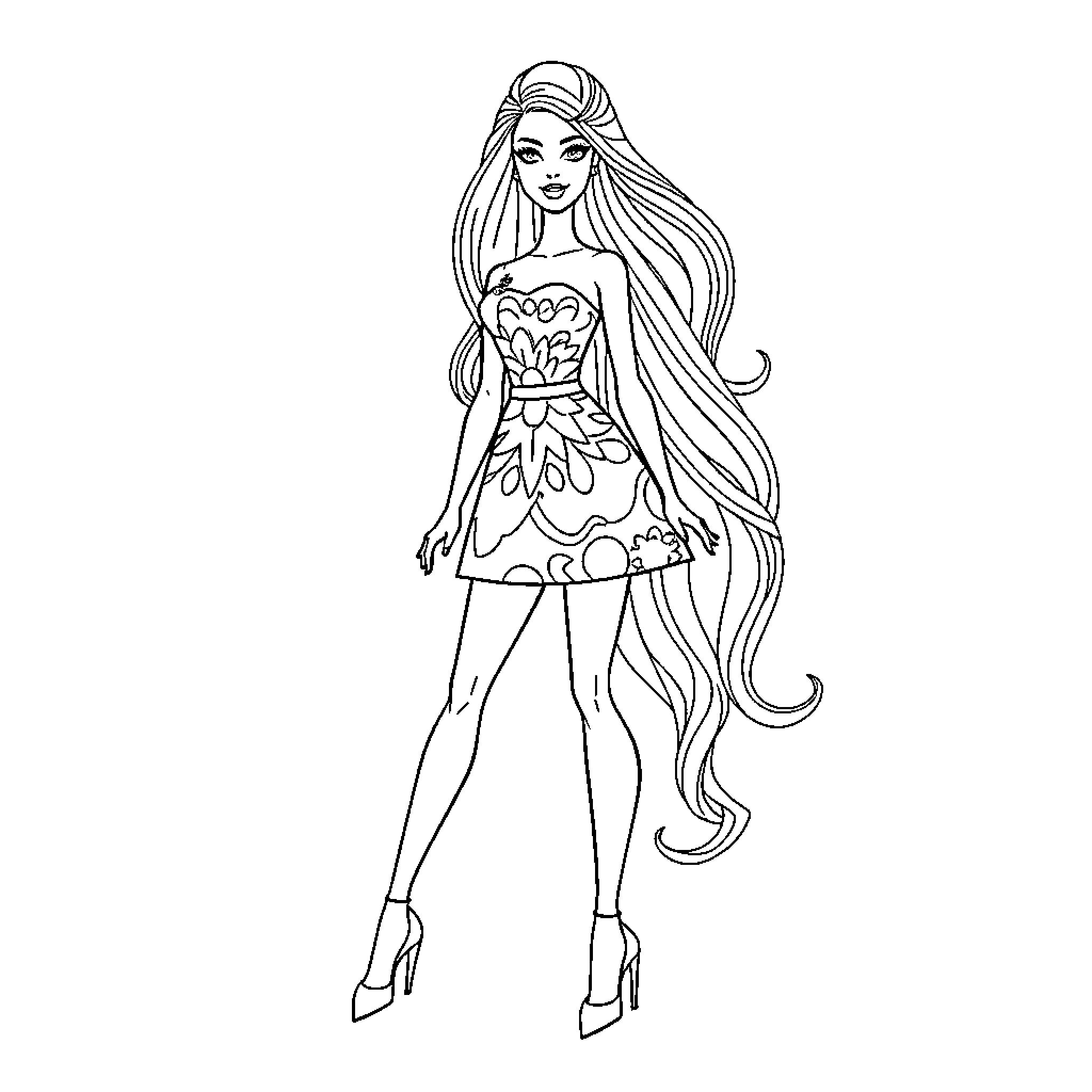 Barbie in floral dress with long flowing hair Coloring Page (free black-and-white line drawing printable PDF for all, from beginners to advanced learners, including children, teens, adults, and seniors)