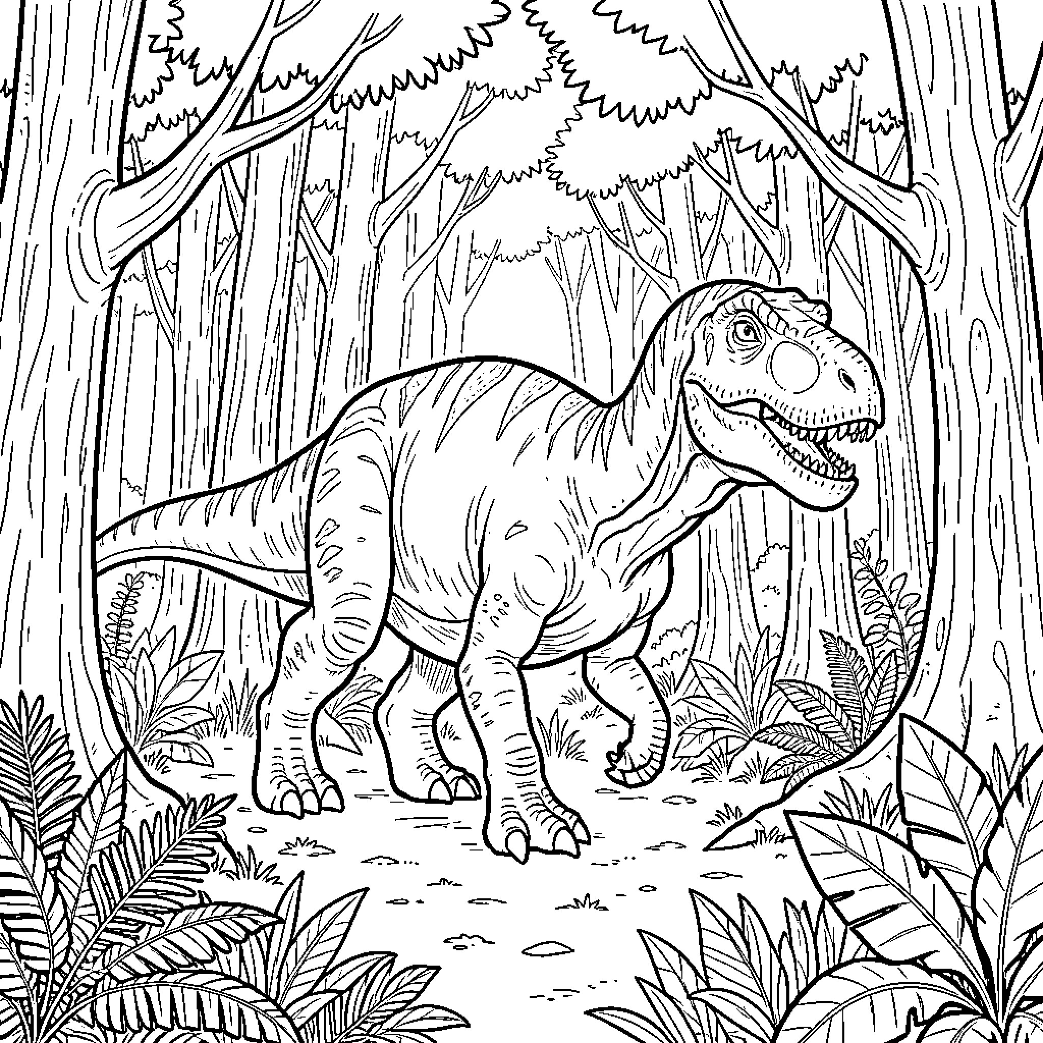 Dinosaur walking through a dense prehistoric forest Coloring Page (free black-and-white line drawing printable PDF for all, from beginners to advanced learners, including children, teens, adults, and seniors)