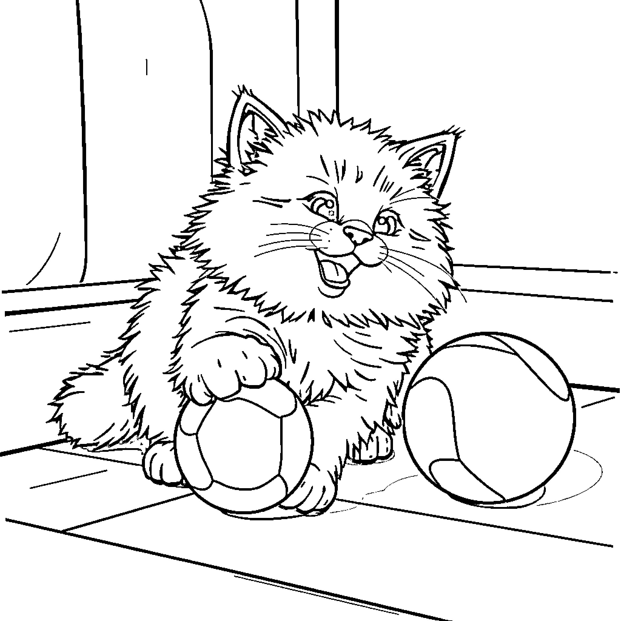 Cat playing with ball in room Coloring Page (free black-and-white line drawing printable PDF for all, from beginners to advanced learners, including children, teens, adults, and seniors)