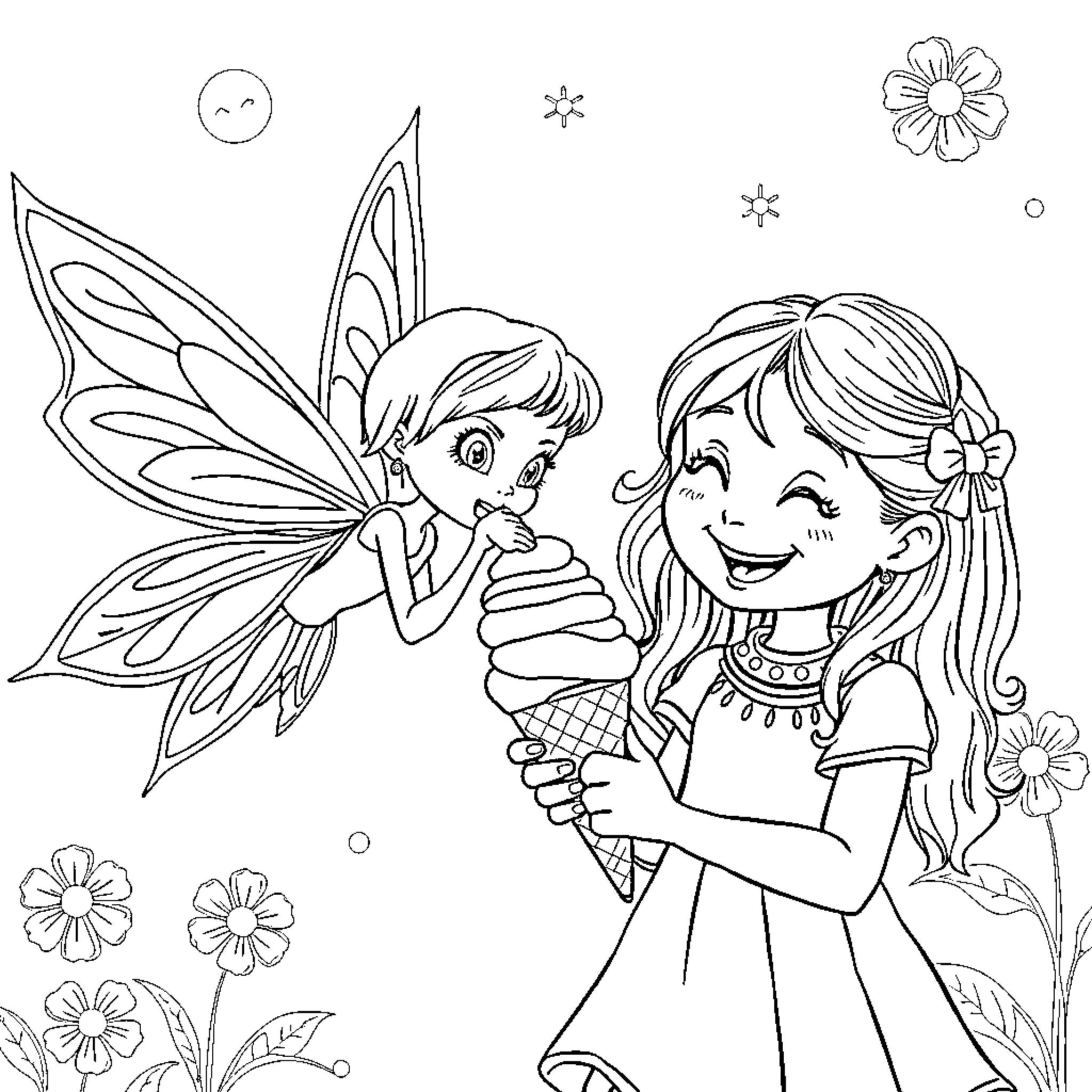 Fairy friends sharing a joyful moment Coloring Page (free black-and-white line drawing printable PDF for all, from beginners to advanced learners, including children, teens, adults, and seniors)